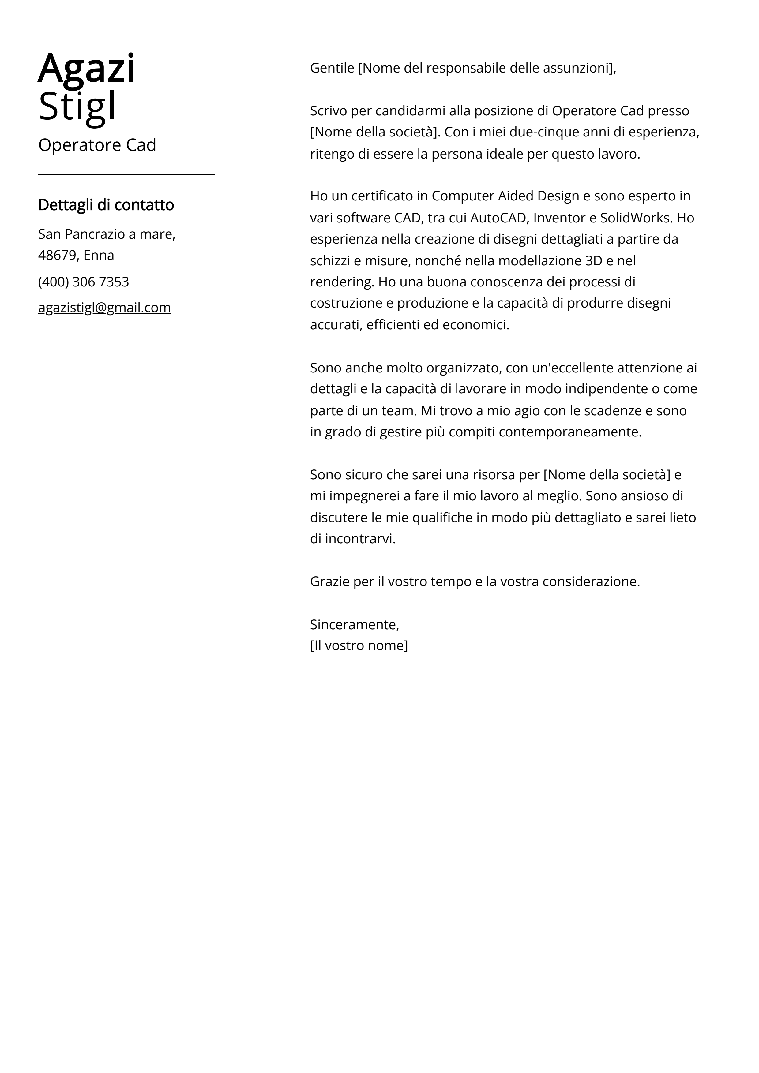 Esempio di lettera di presentazione per Operatore Cad