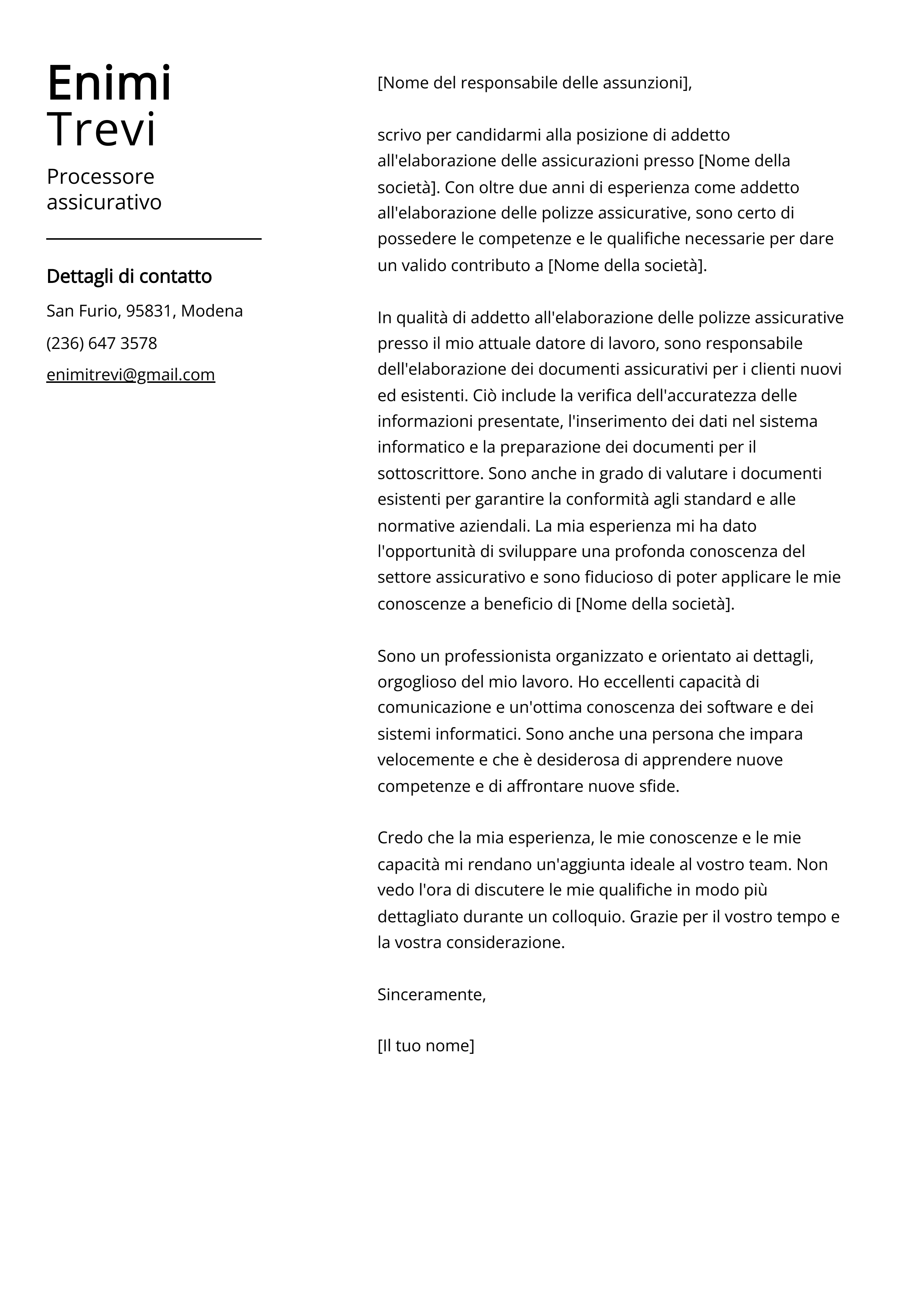 Esempio di lettera di presentazione del Processore assicurativo