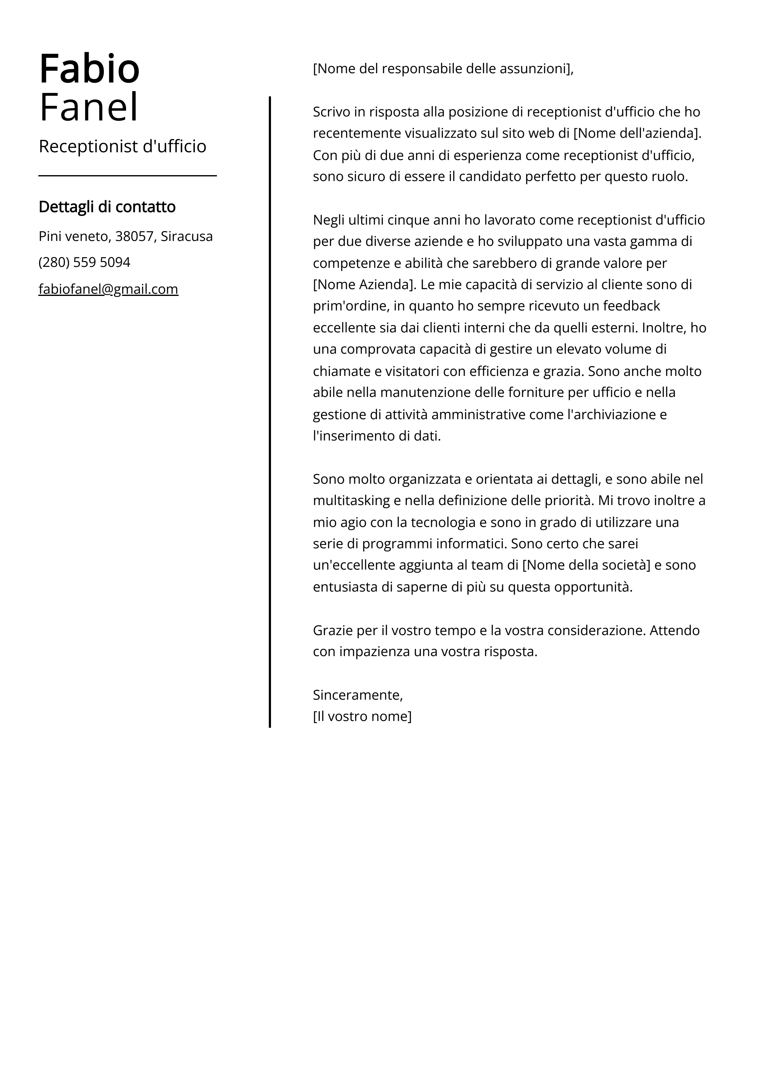 Esempio di lettera di presentazione per receptionist d'ufficio