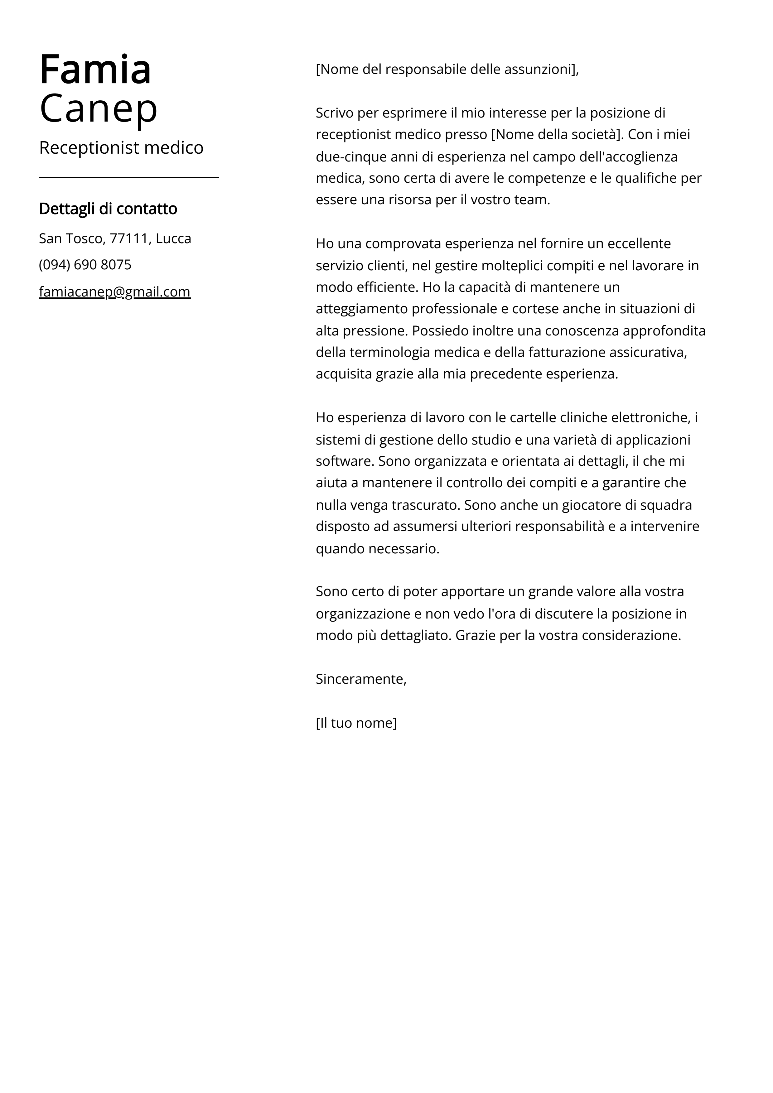 Lettera di presentazione per medico receptionist