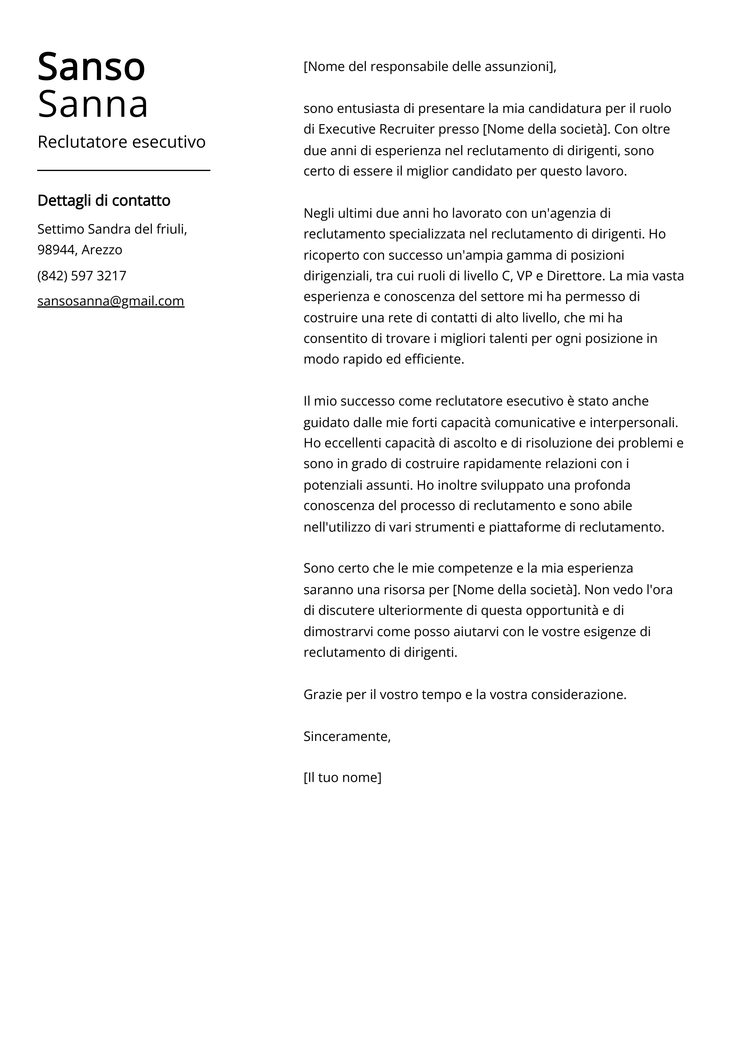 Esempio di lettera di presentazione del reclusore esecutivo