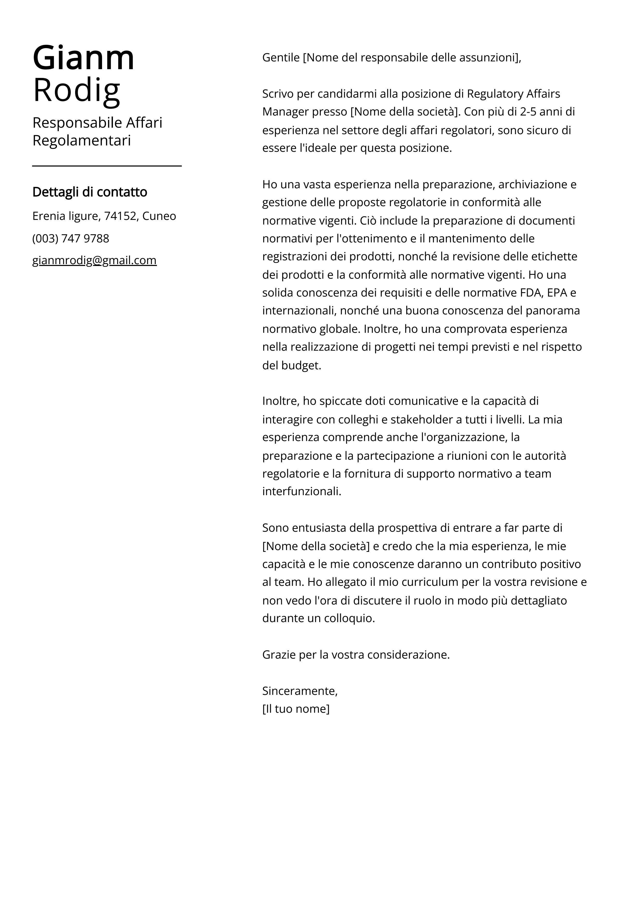 Esempio di lettera di presentazione del Responsabile Affari Regolamentari