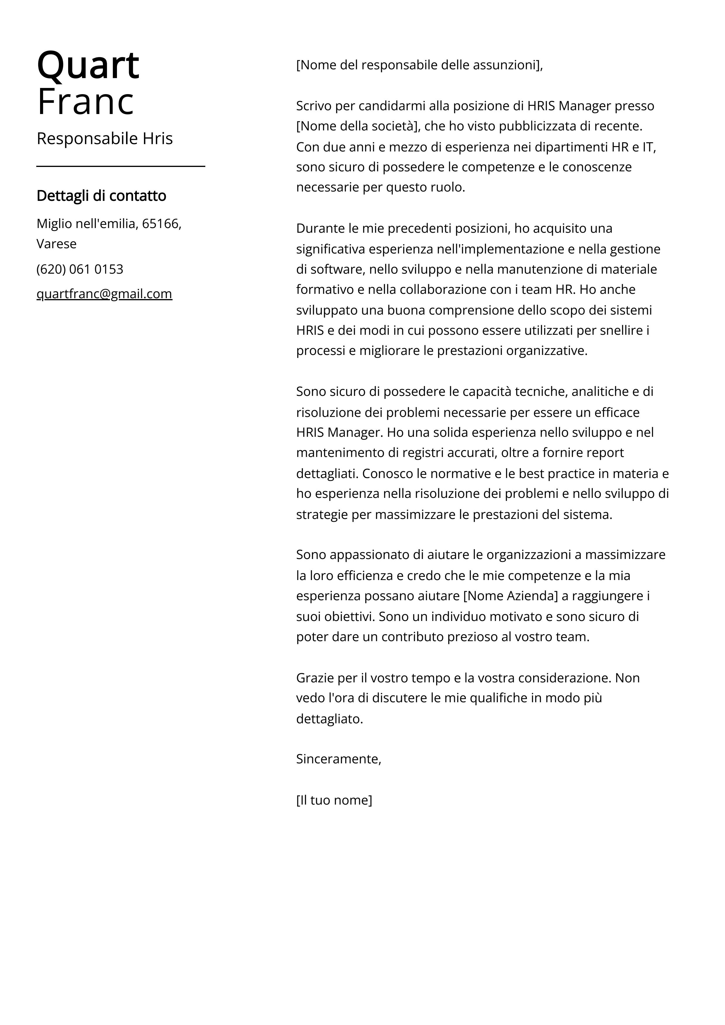 Esempio di lettera di presentazione del Responsabile Hris