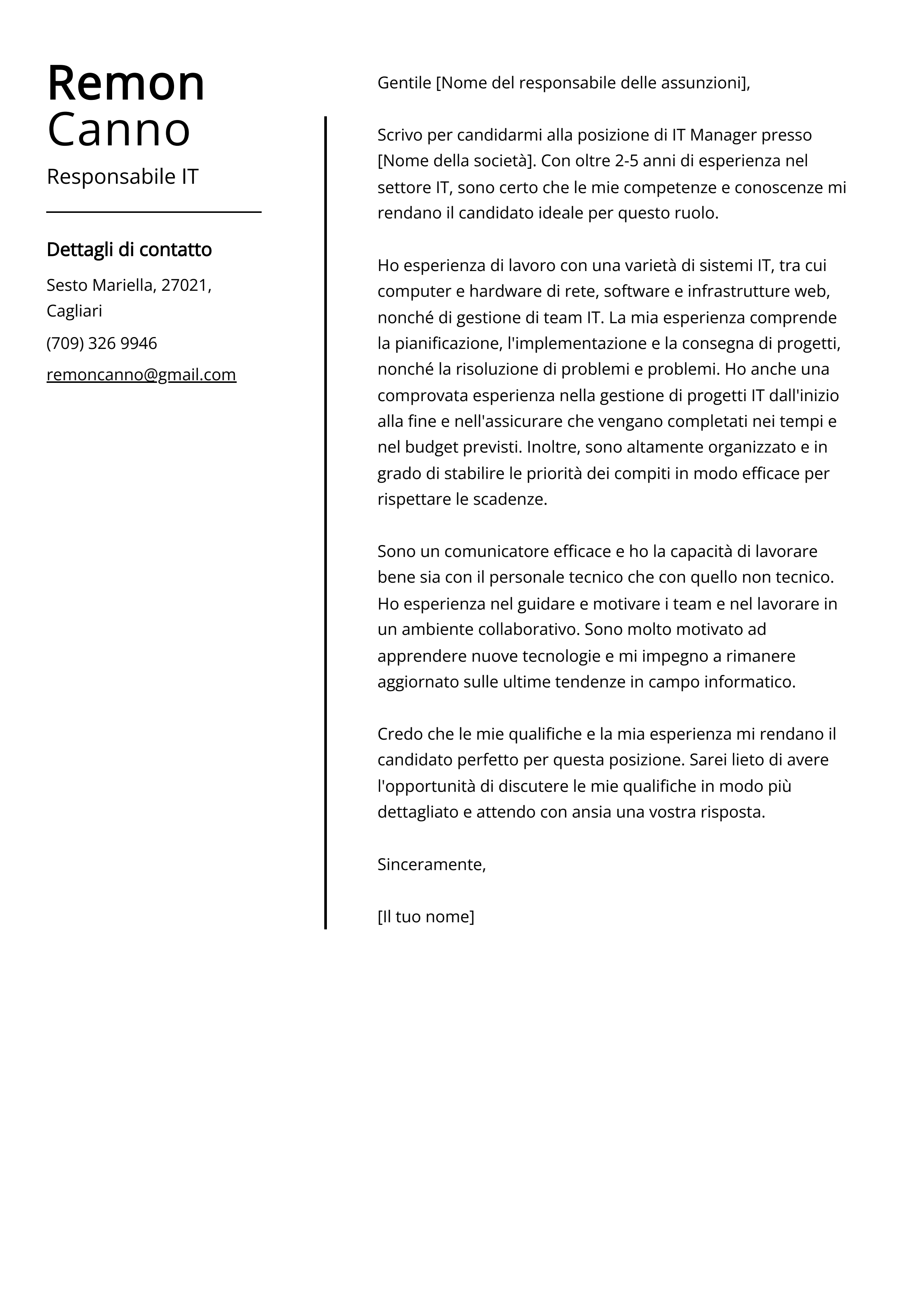 Esempio di lettera di presentazione del Responsabile IT