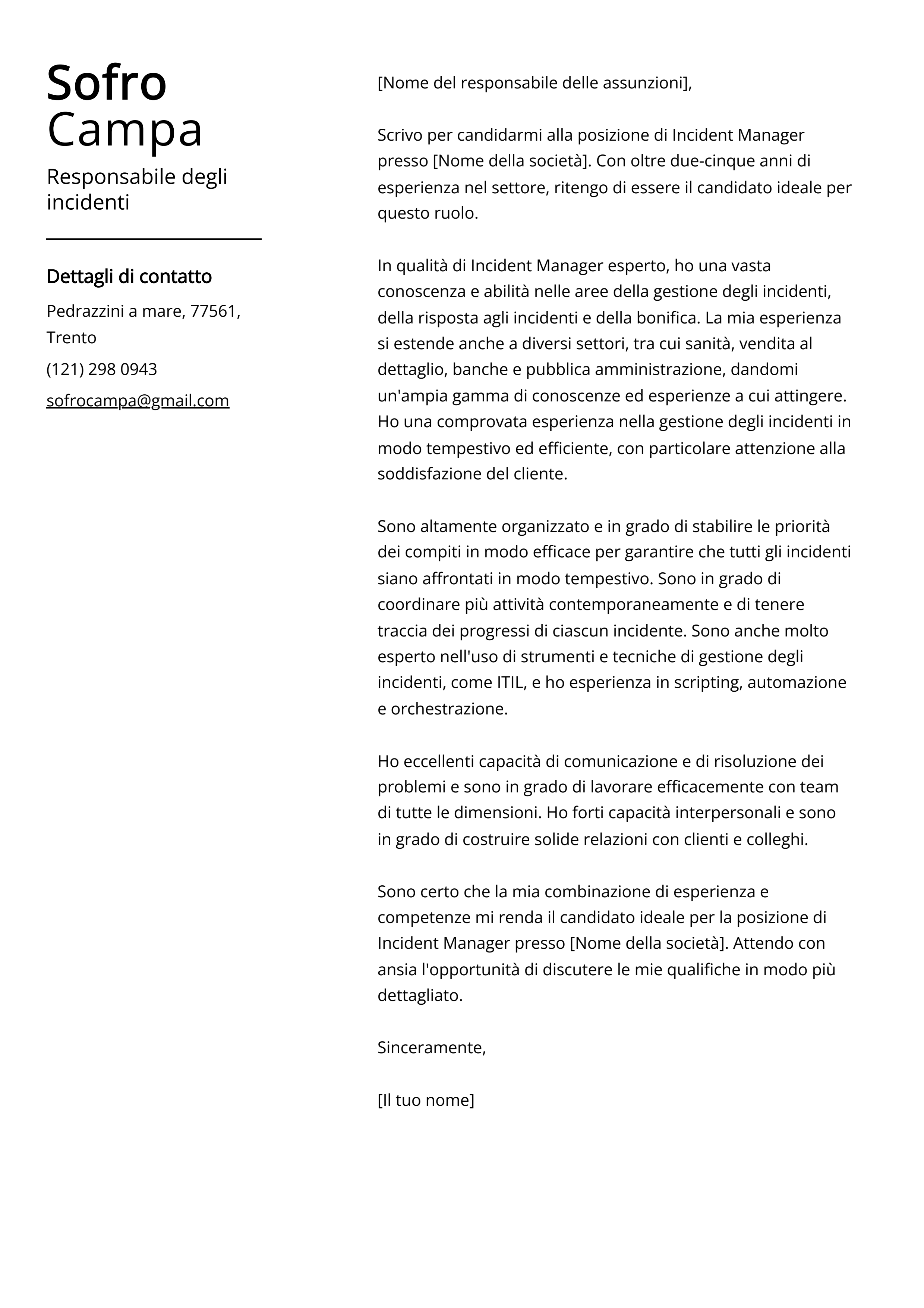 Esempio di lettera di presentazione del responsabile degli incidenti