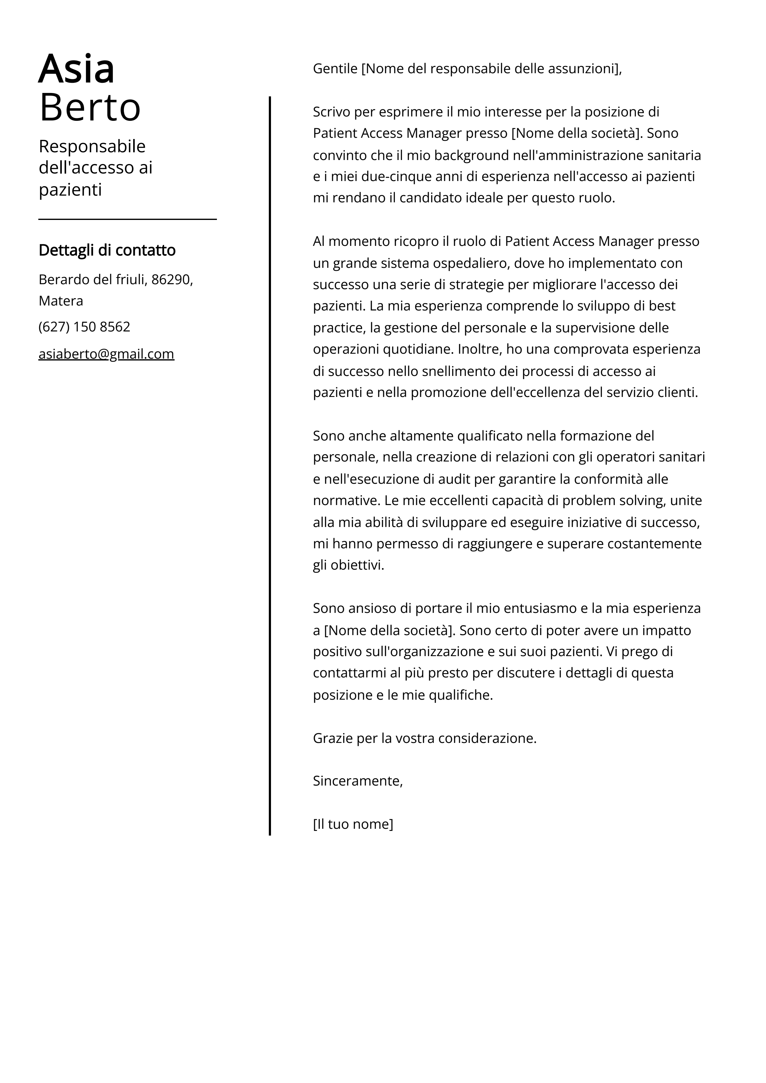 Responsabile dell'accesso ai pazienti Esempio di lettera di presentazione