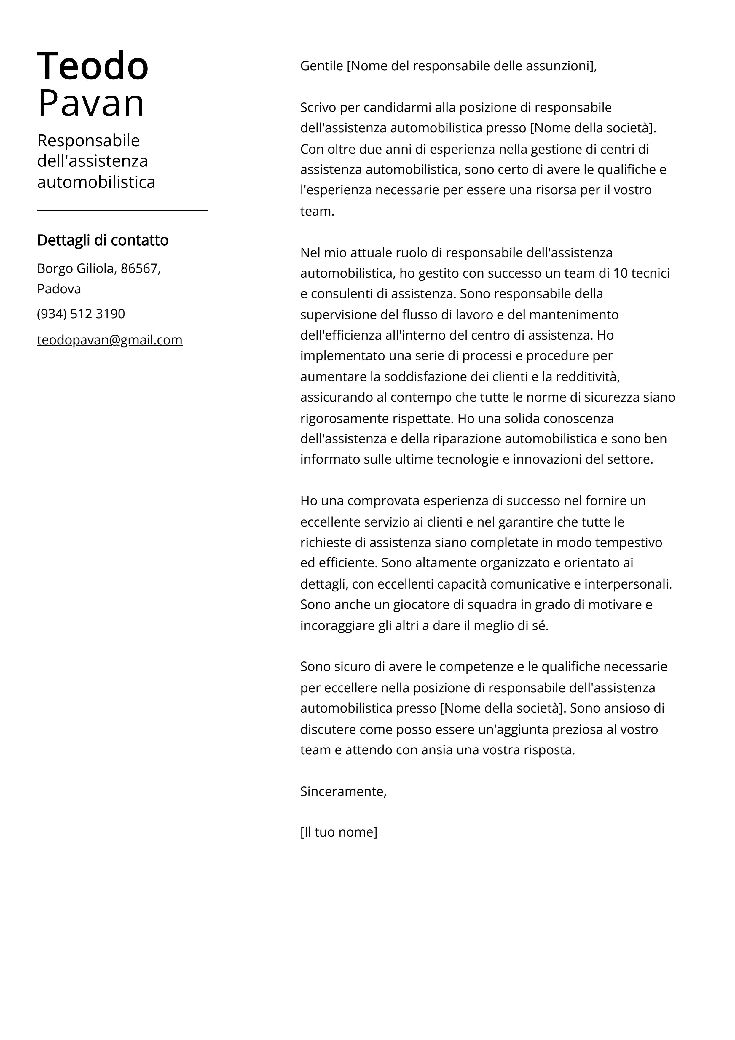 Responsabile dell'assistenza automobilistica Esempio di lettera di presentazione