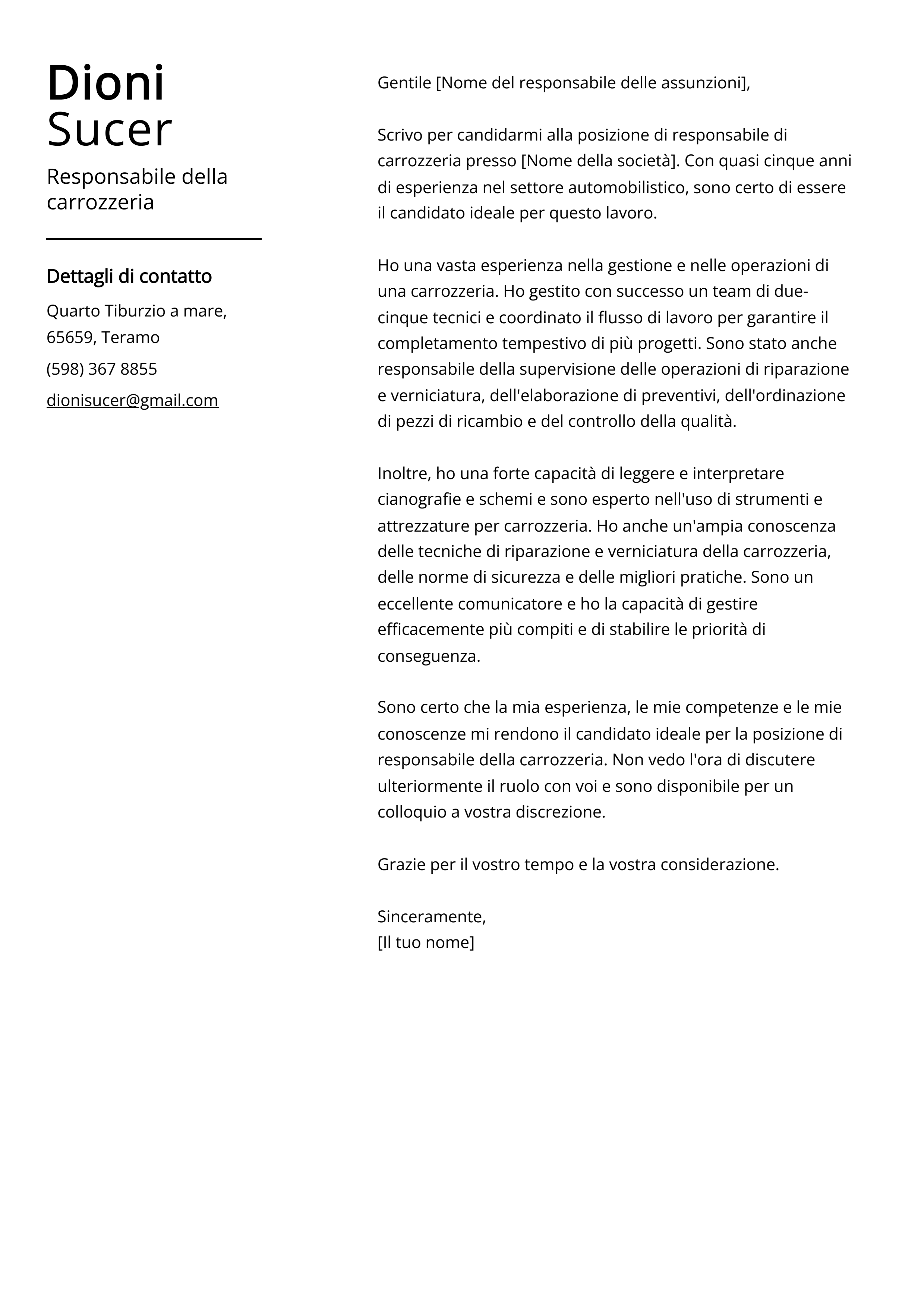 Responsabile della carrozzeria Esempio di lettera di presentazione