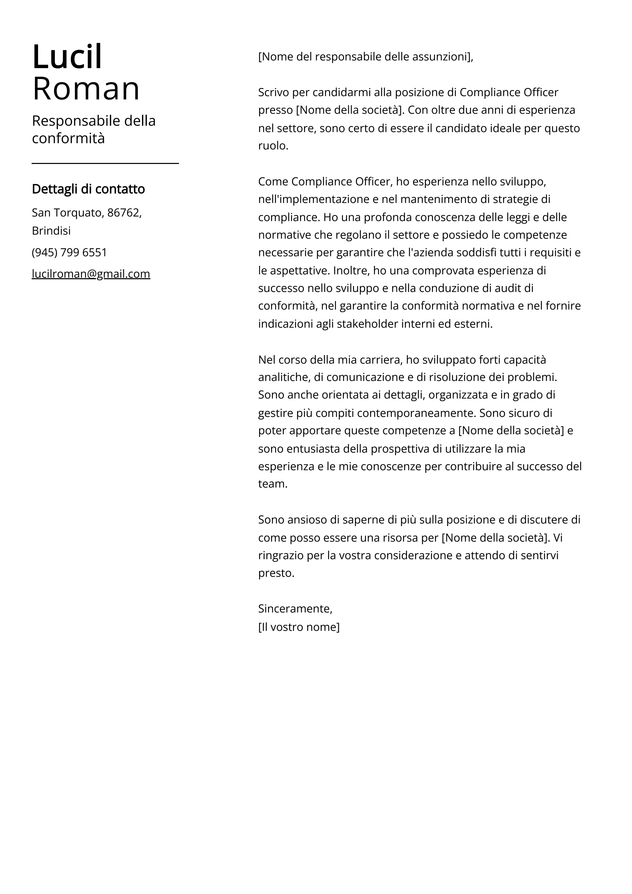 Esempio di lettera di presentazione del Responsabile della conformità