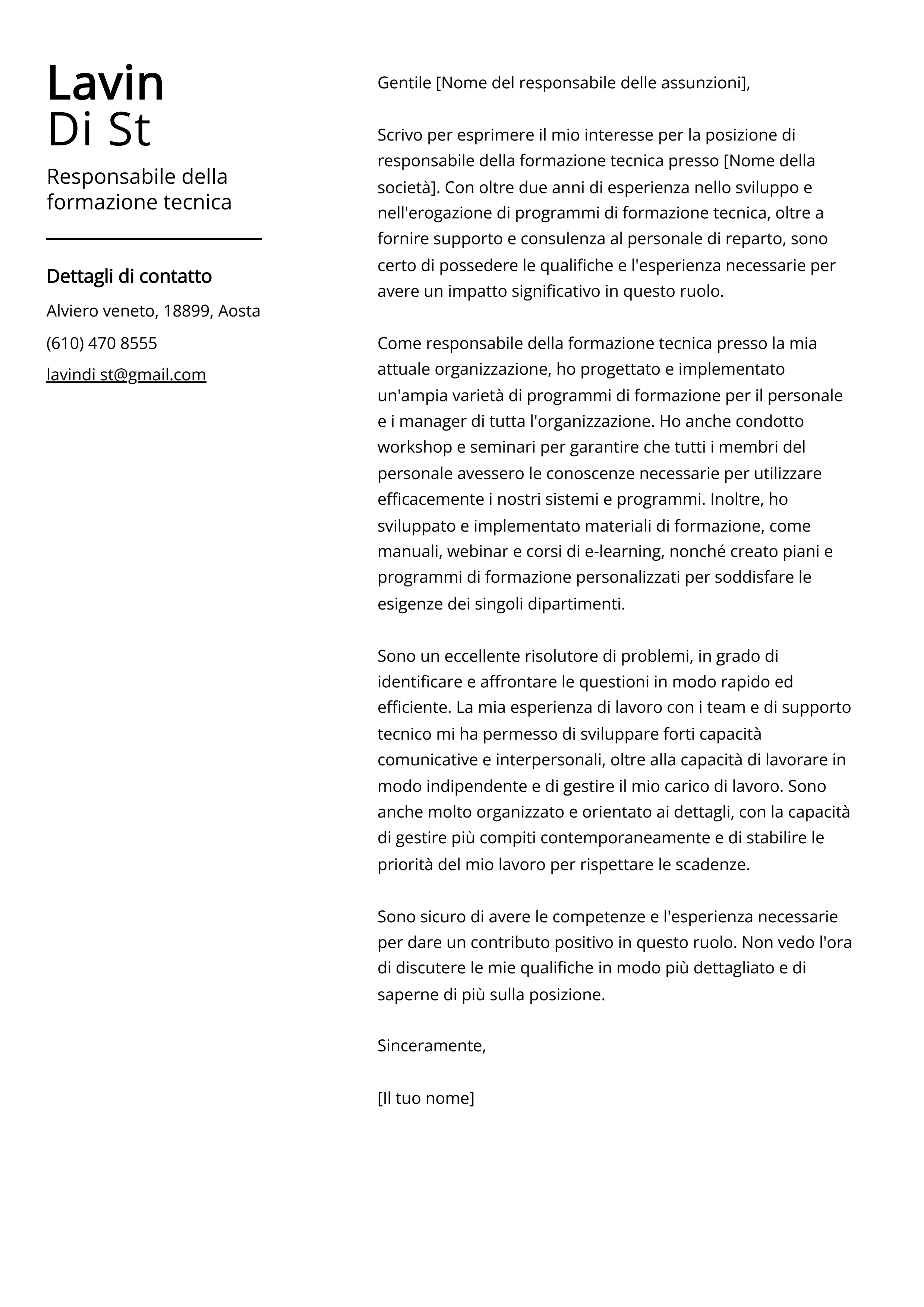 Responsabile della formazione tecnica Esempio di lettera di presentazione