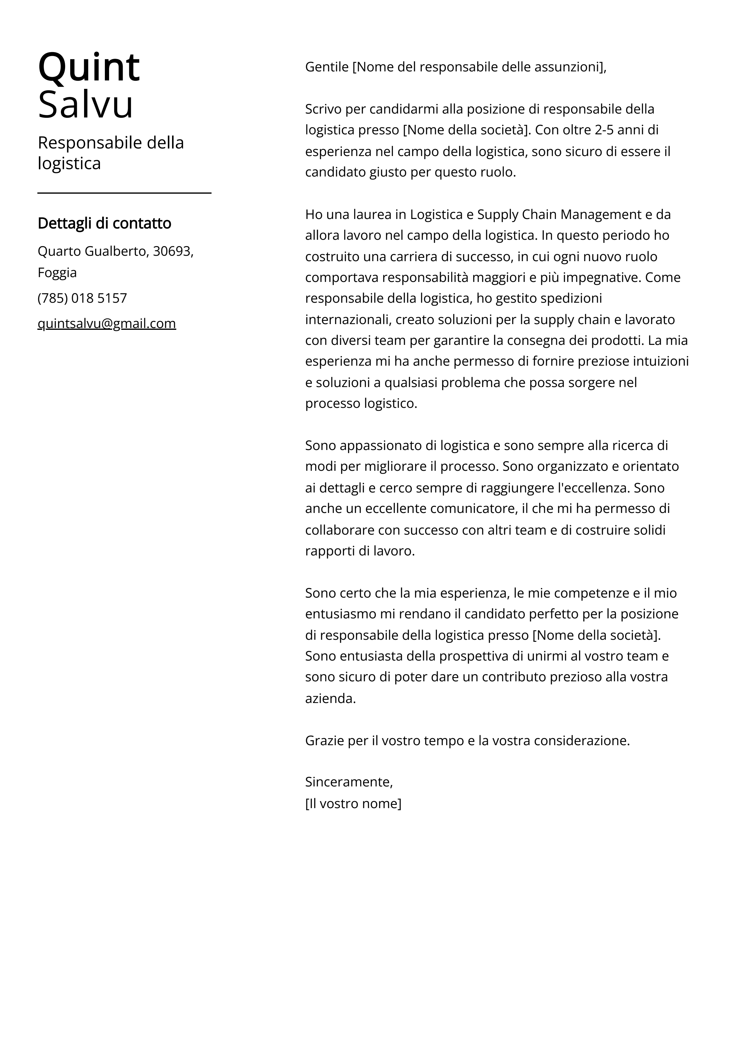 Esempio di lettera di presentazione del responsabile della logistica