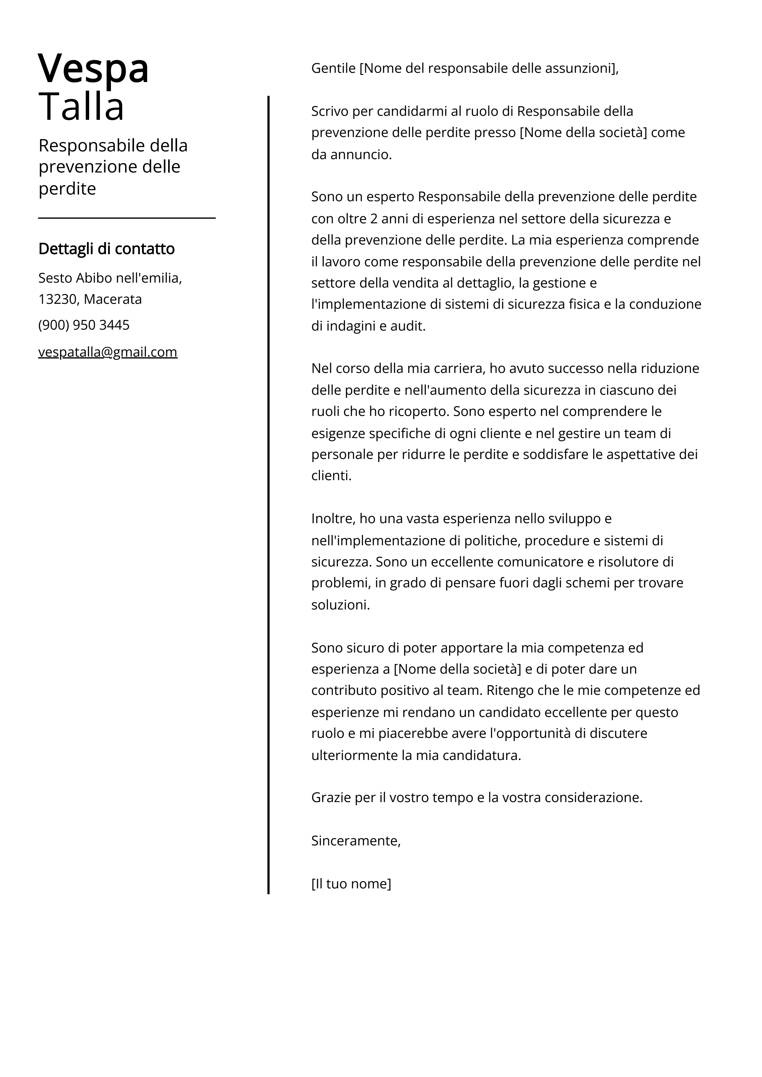 Responsabile della prevenzione delle perdite Esempio di lettera di presentazione