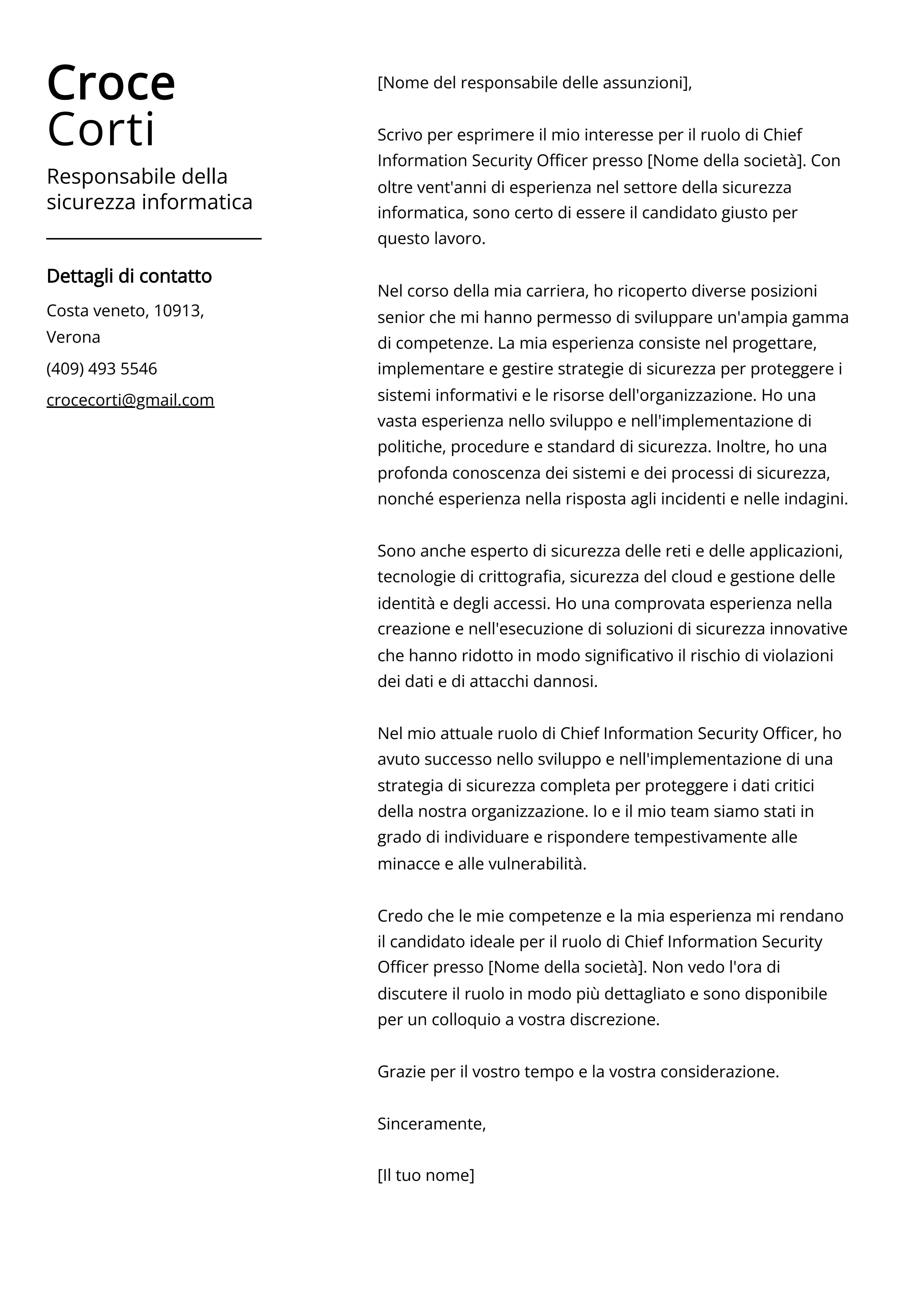 Responsabile della sicurezza informatica Esempio di lettera di presentazione