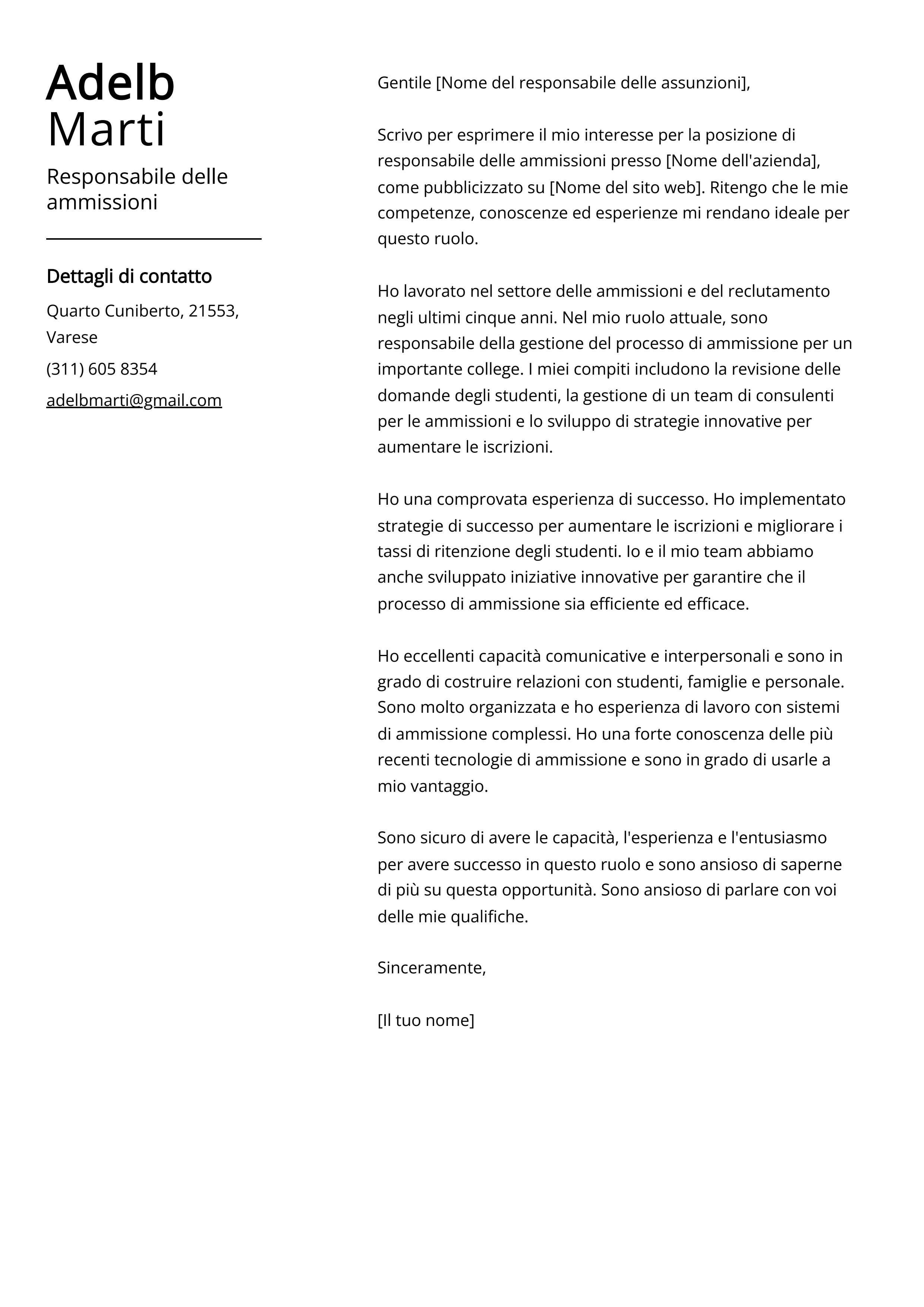 Esempio di lettera di presentazione del responsabile delle ammissioni