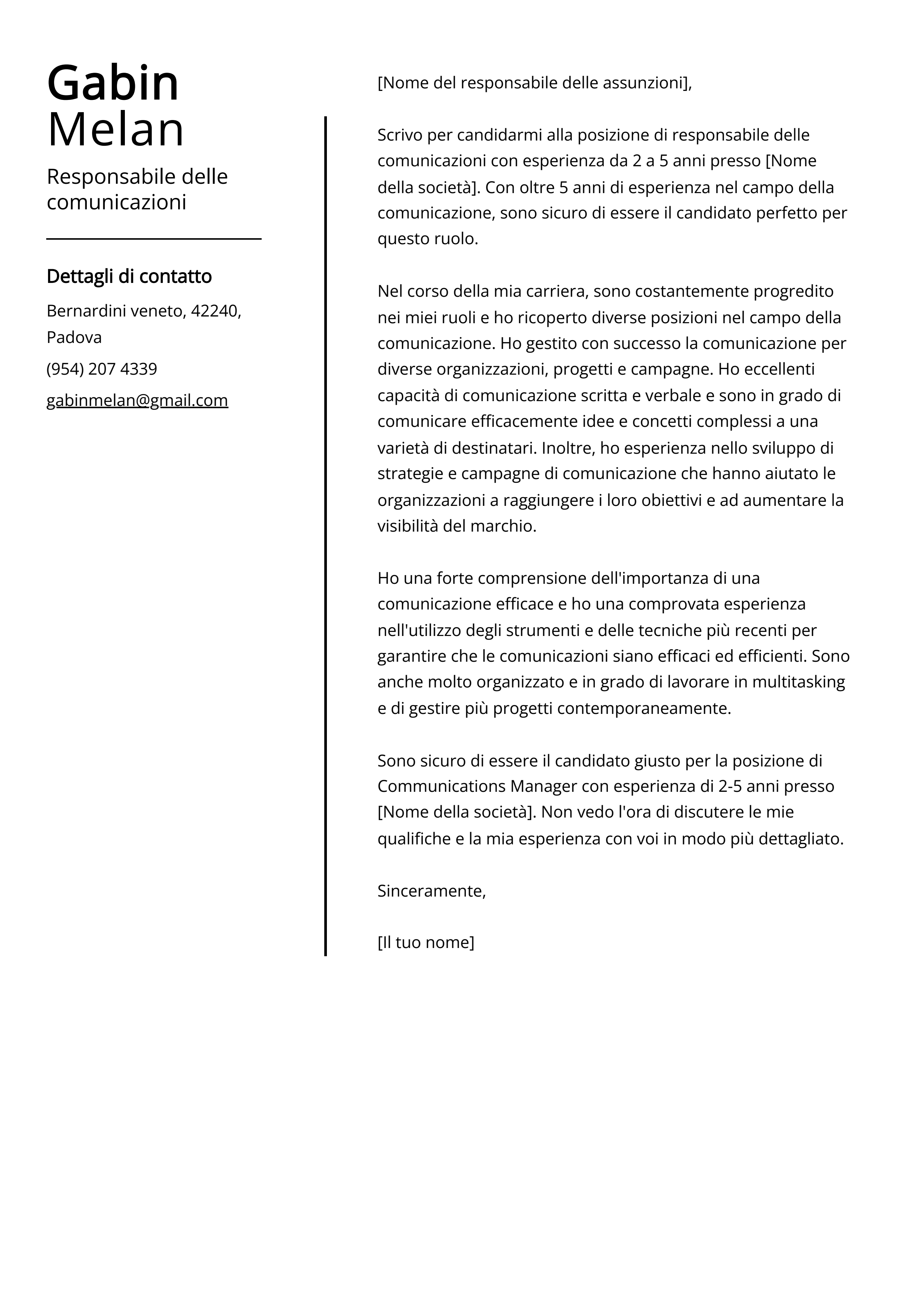 Esempio Di Lettera Di Presentazione Per Responsabile Delle Comunicazioni