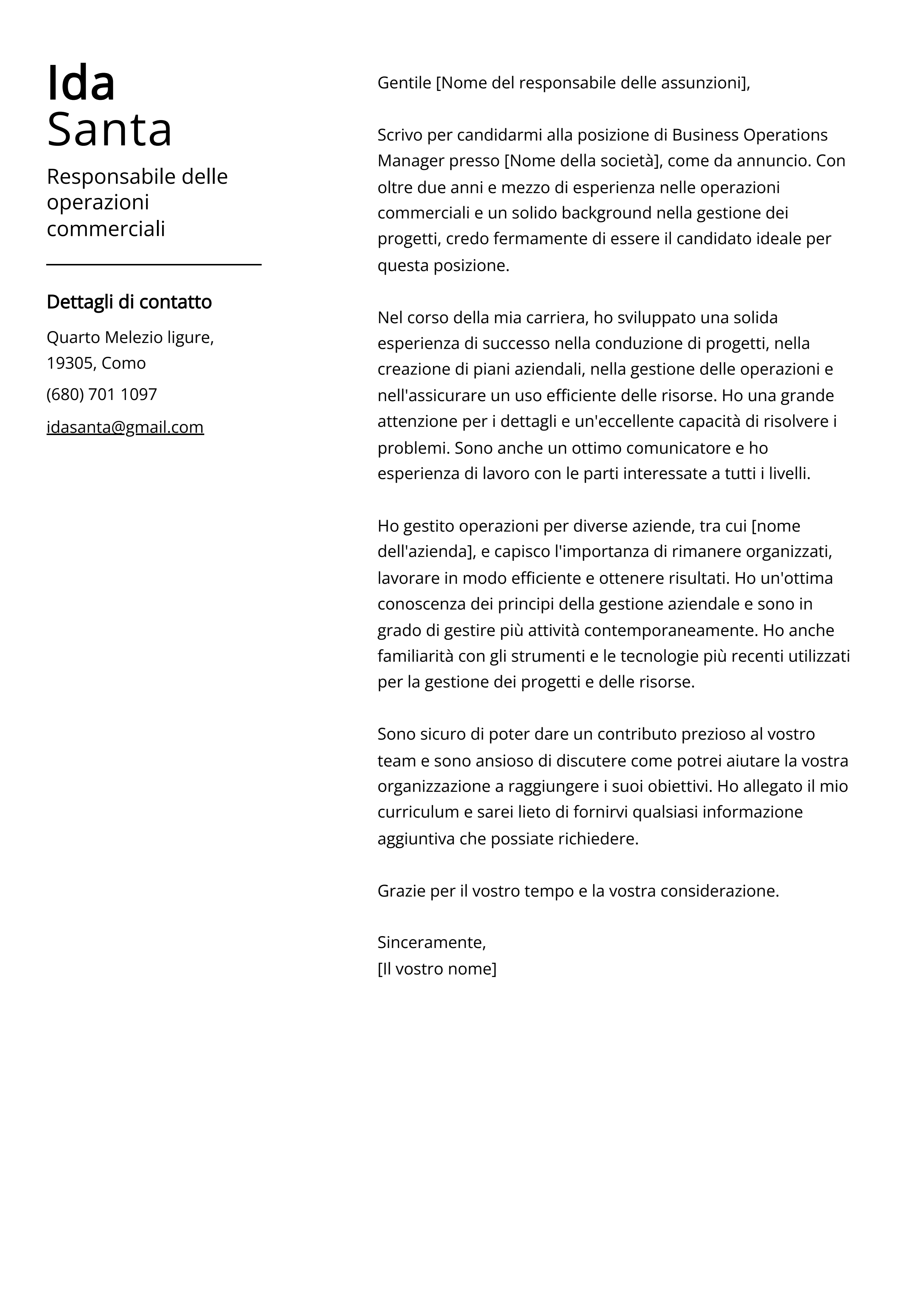 Responsabile delle operazioni commerciali Esempio di lettera di presentazione