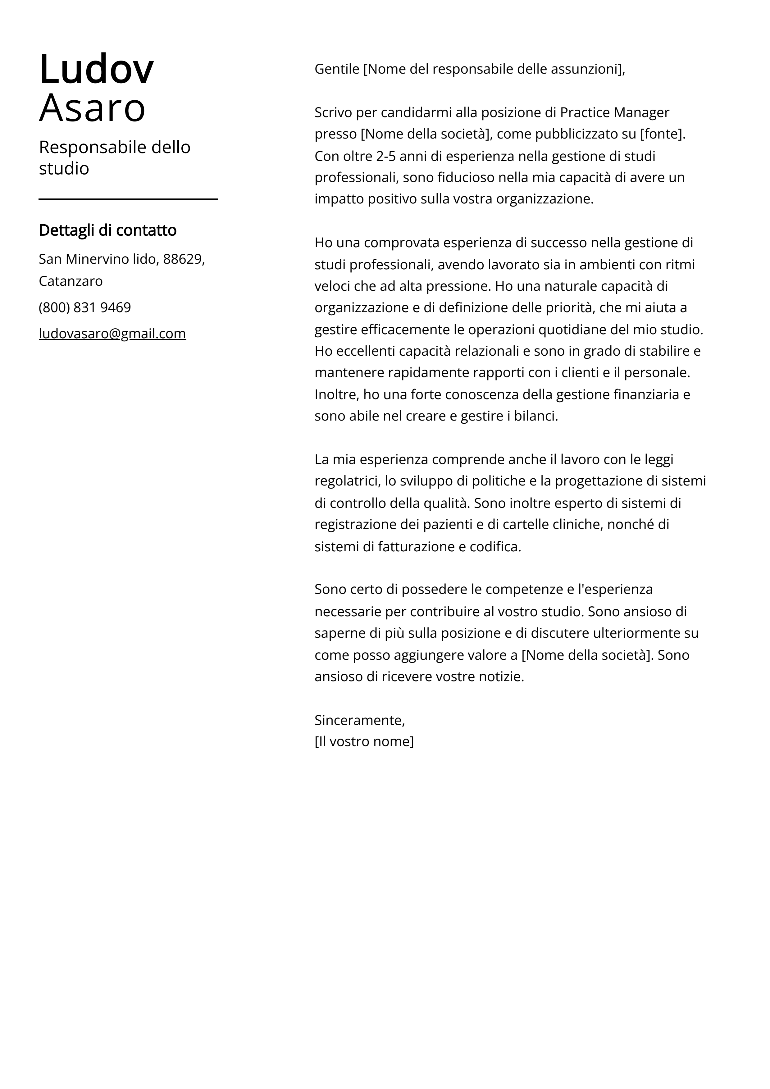 Esempio di lettera di presentazione del Responsabile dello studio