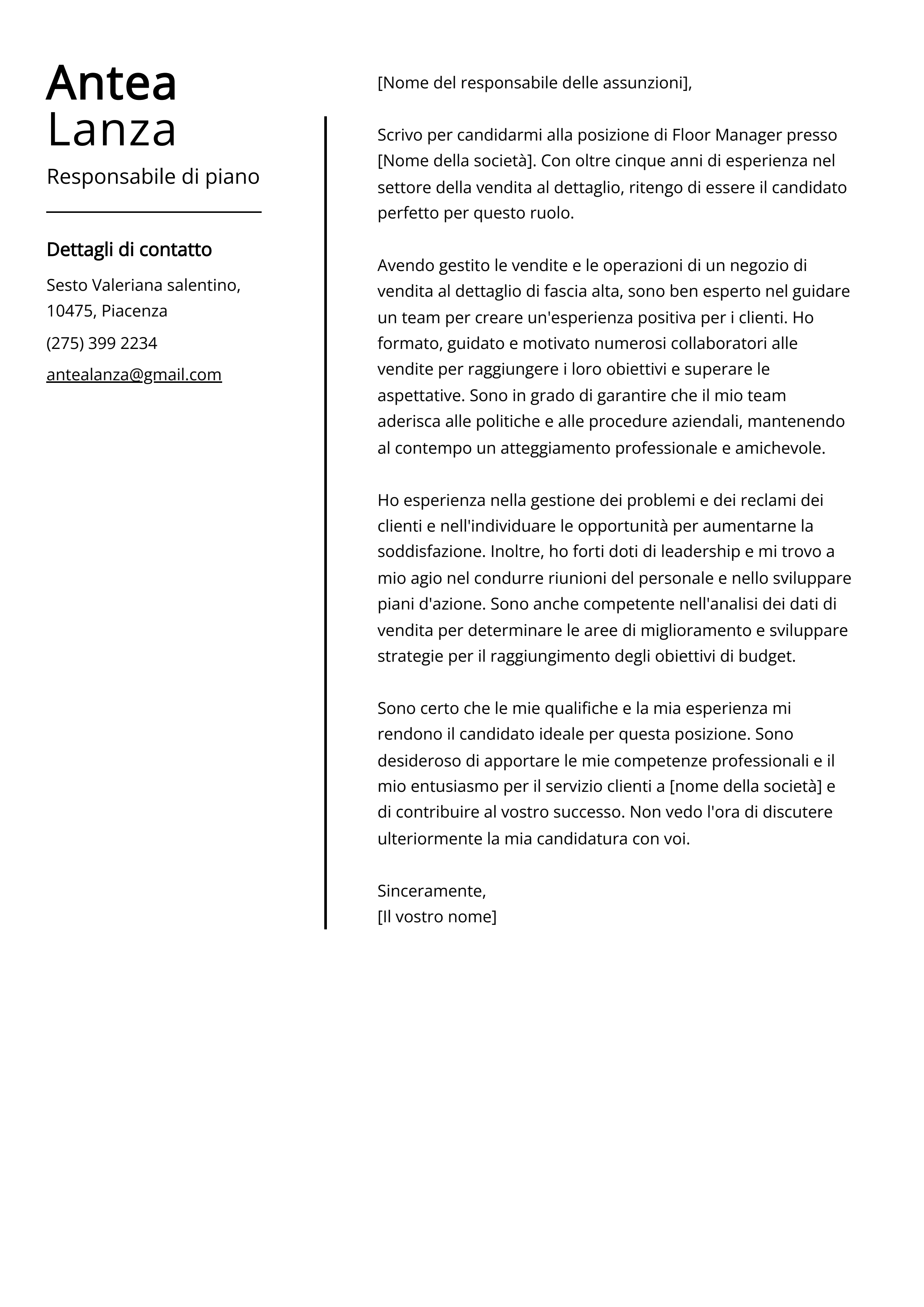 Esempio di lettera di presentazione del Responsabile di piano