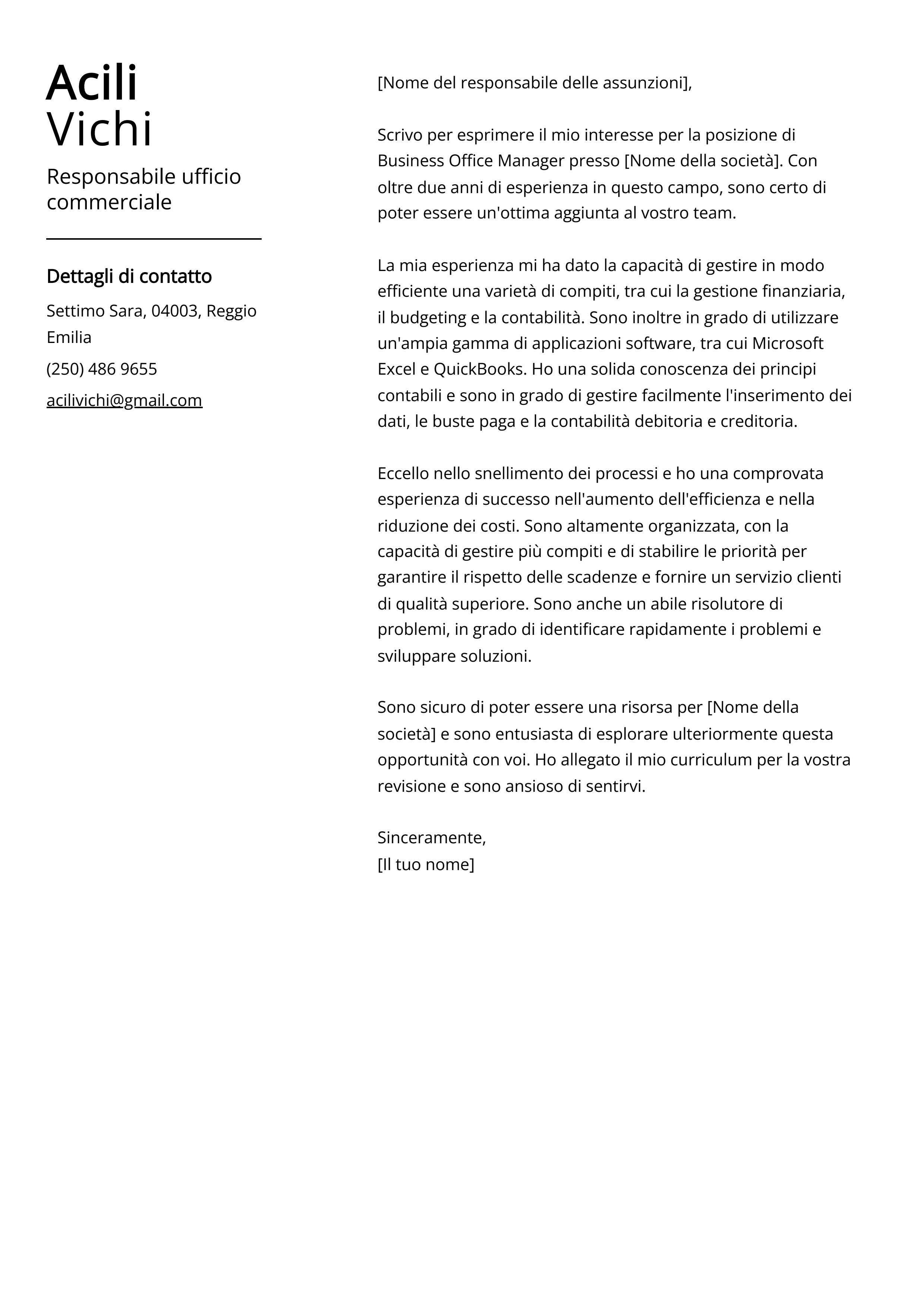 Responsabile ufficio commerciale Esempio di lettera di presentazione