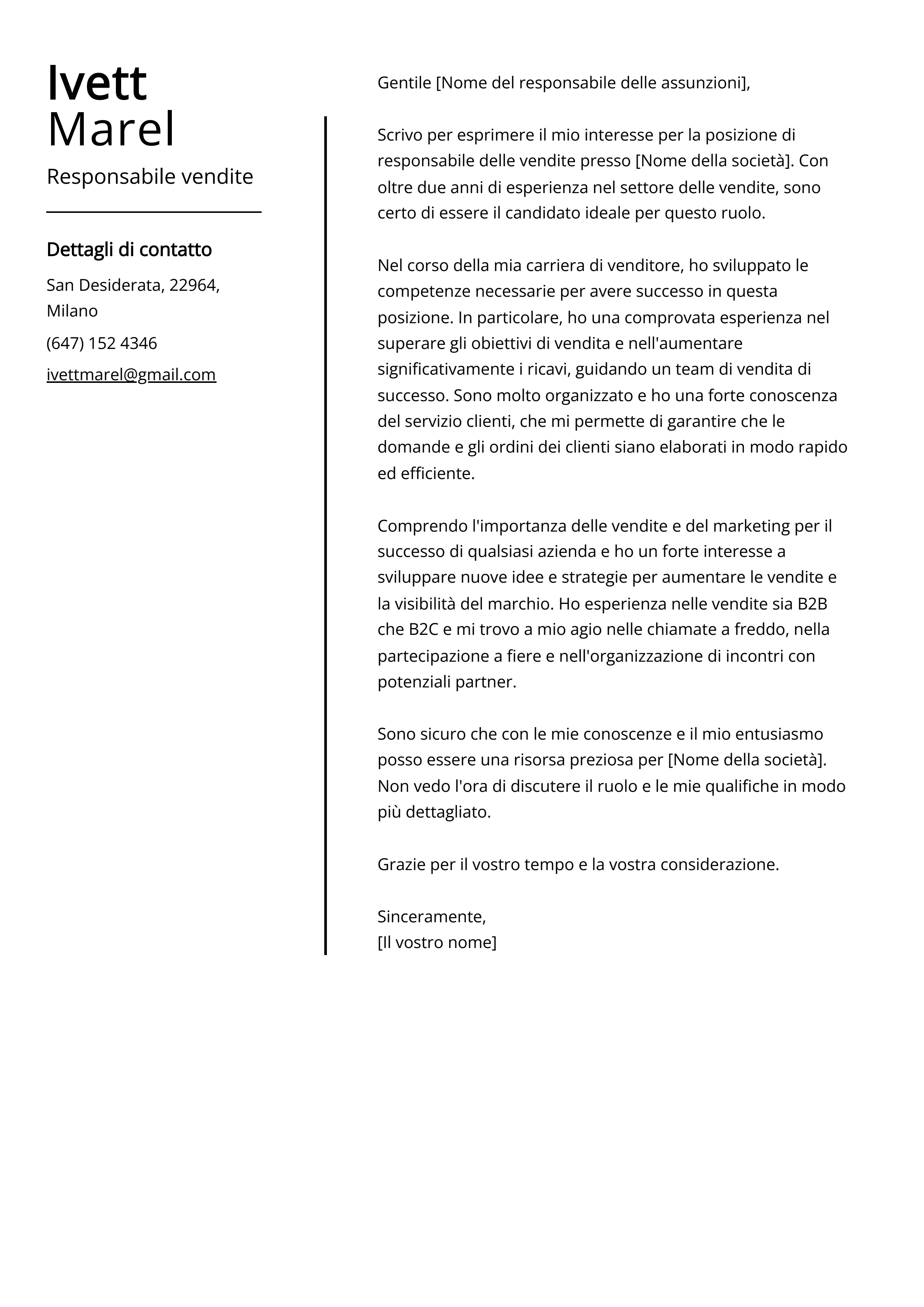 Esempio di lettera di presentazione del Responsabile vendite