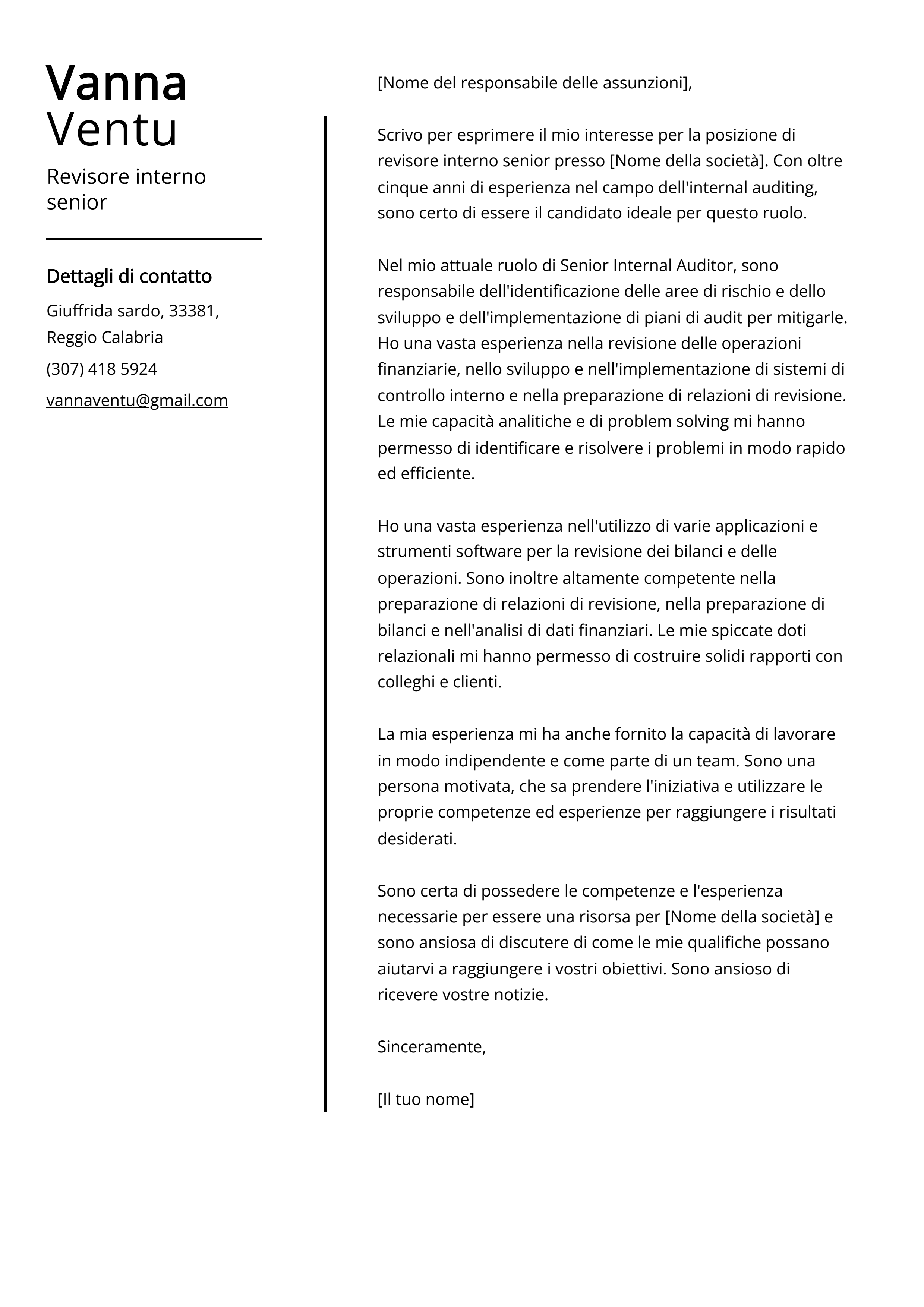 Esempio di lettera di presentazione per revisore interno senior