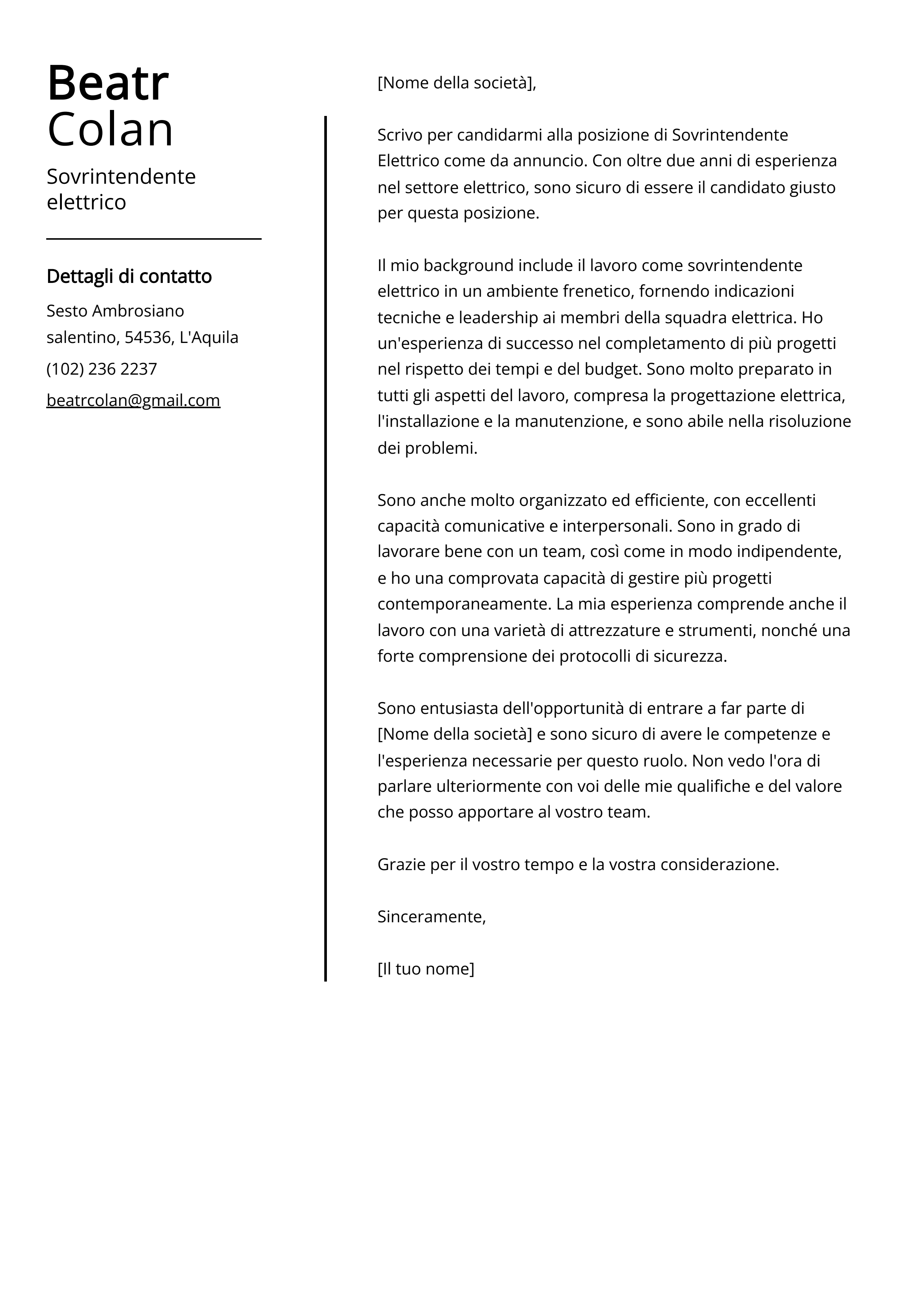 Esempio di lettera di presentazione per Sovrintendente elettrico