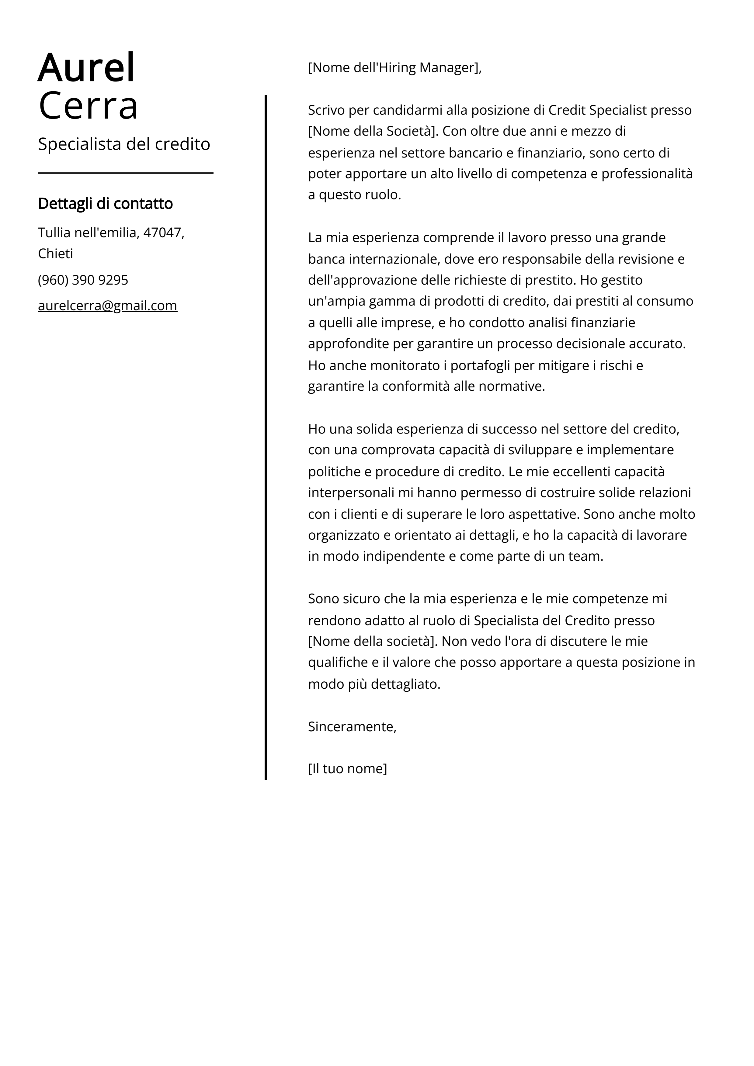 Esempio di lettera di presentazione per Specialista del credito