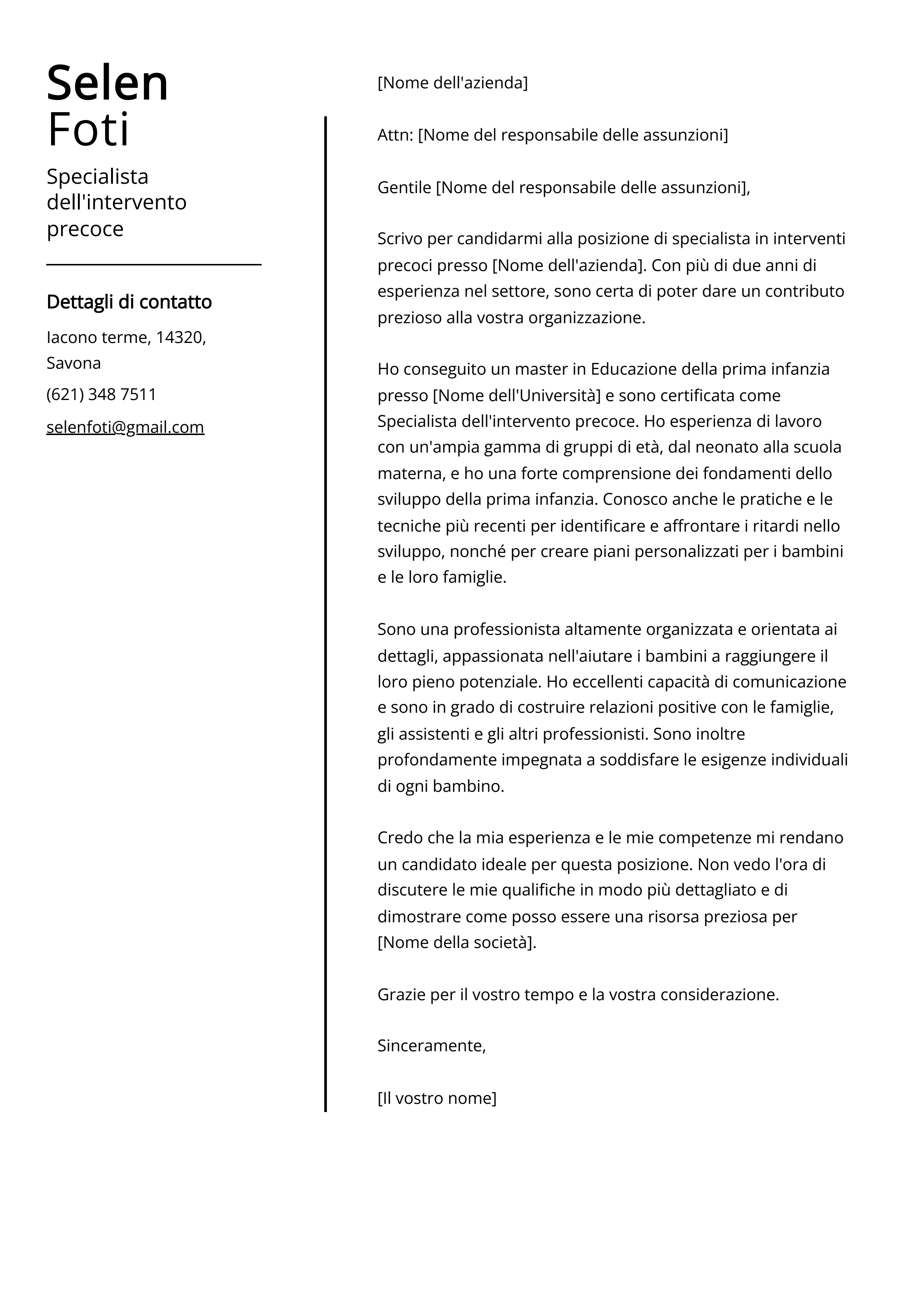 Specialista dell'intervento precoce Esempio di lettera di presentazione