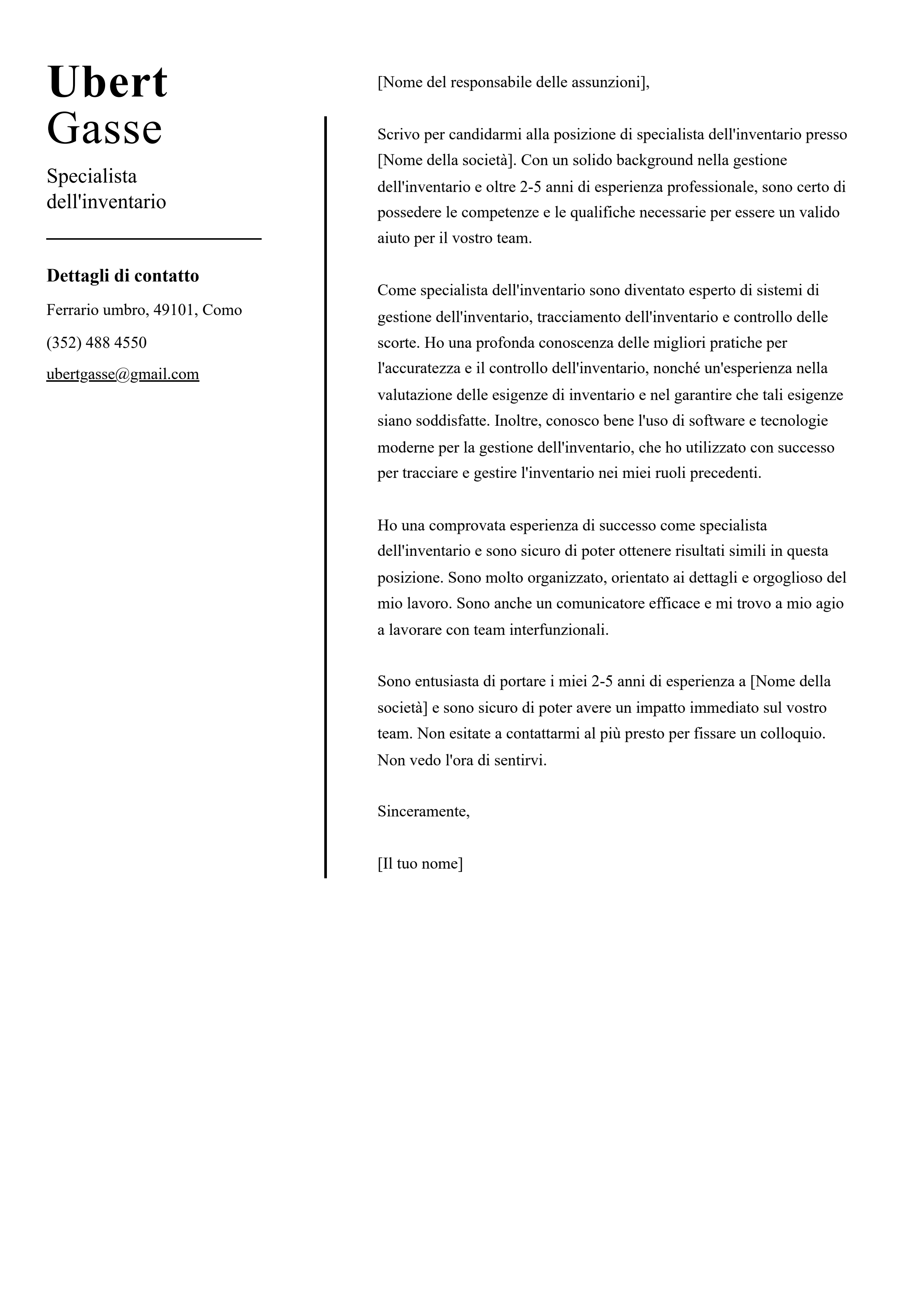 Esempio di lettera di presentazione per Specialista dell'inventario