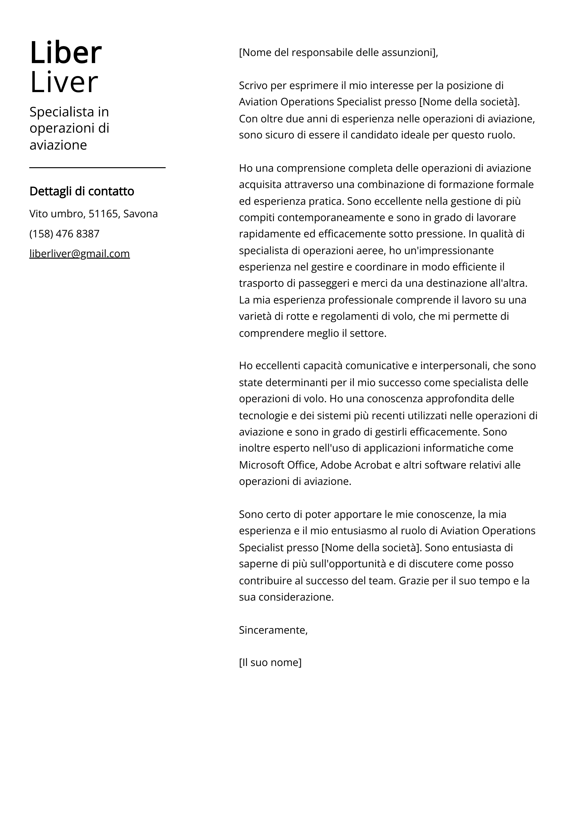 Specialista in operazioni di aviazione Esempio di lettera di presentazione