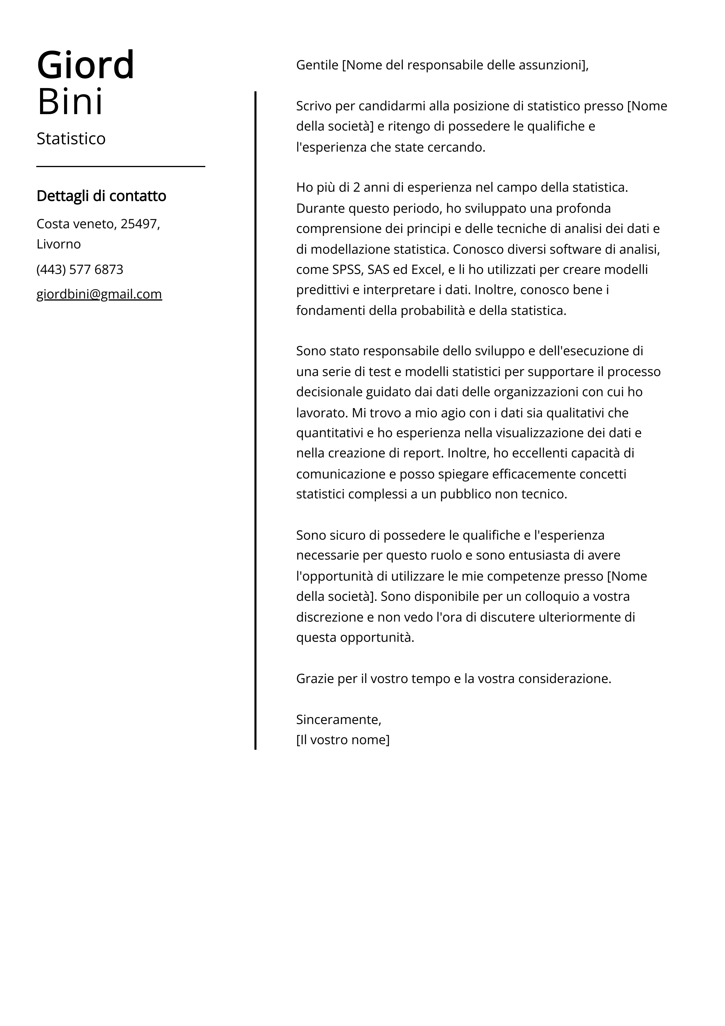 Esempio di lettera di presentazione statistica