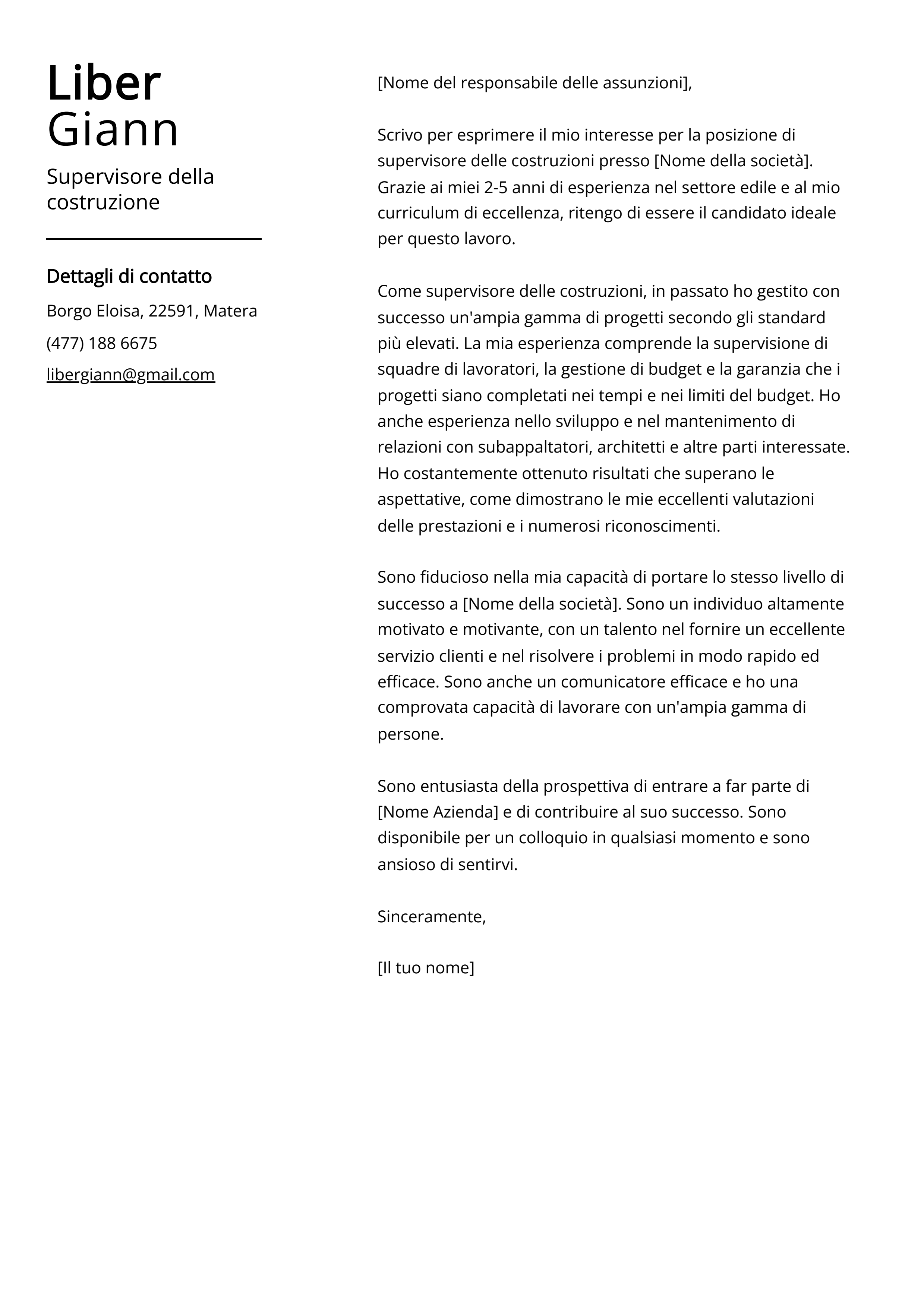 Esempio di lettera di presentazione per Supervisore della costruzione