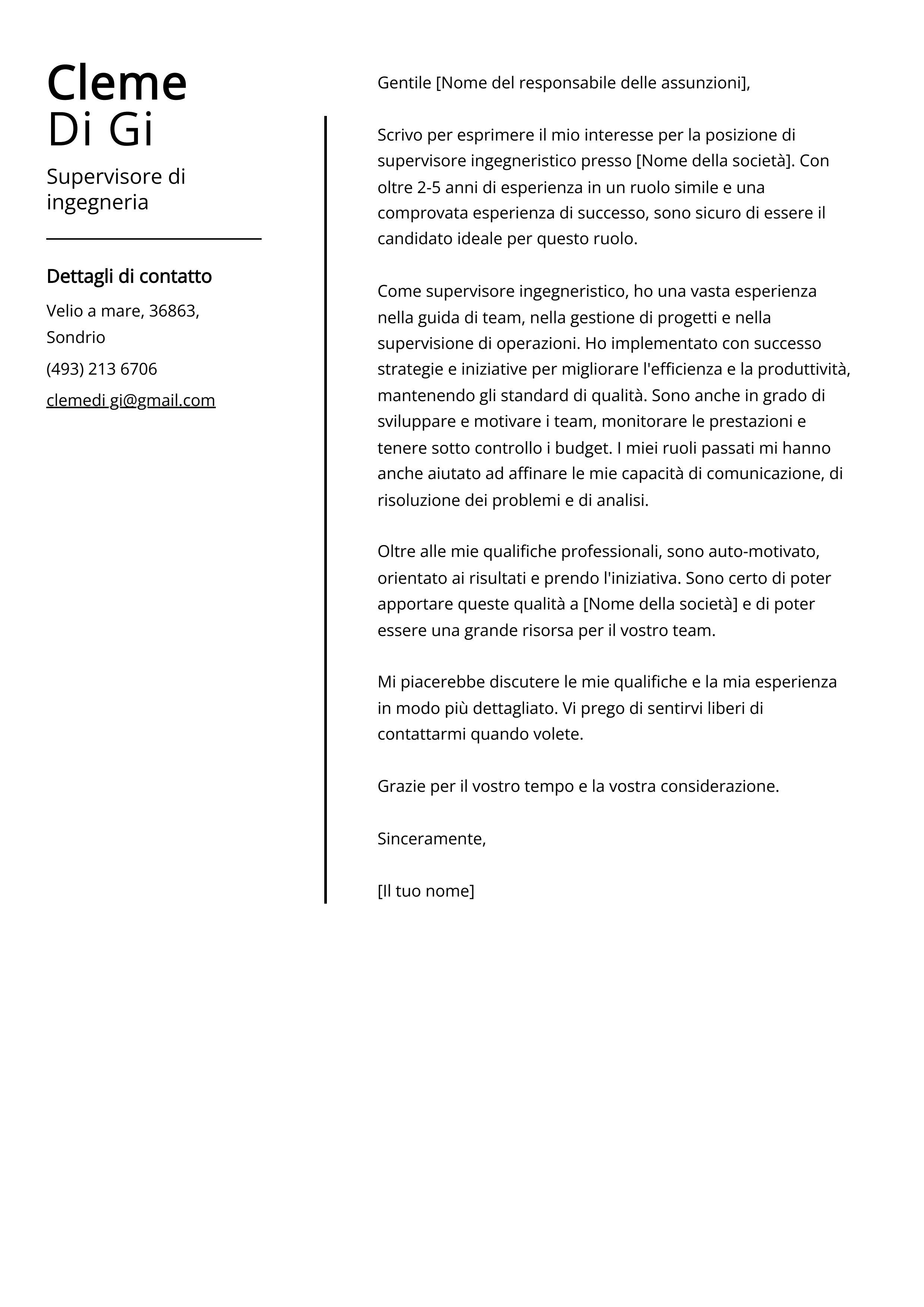 Esempio di lettera di presentazione per Supervisore di ingegneria