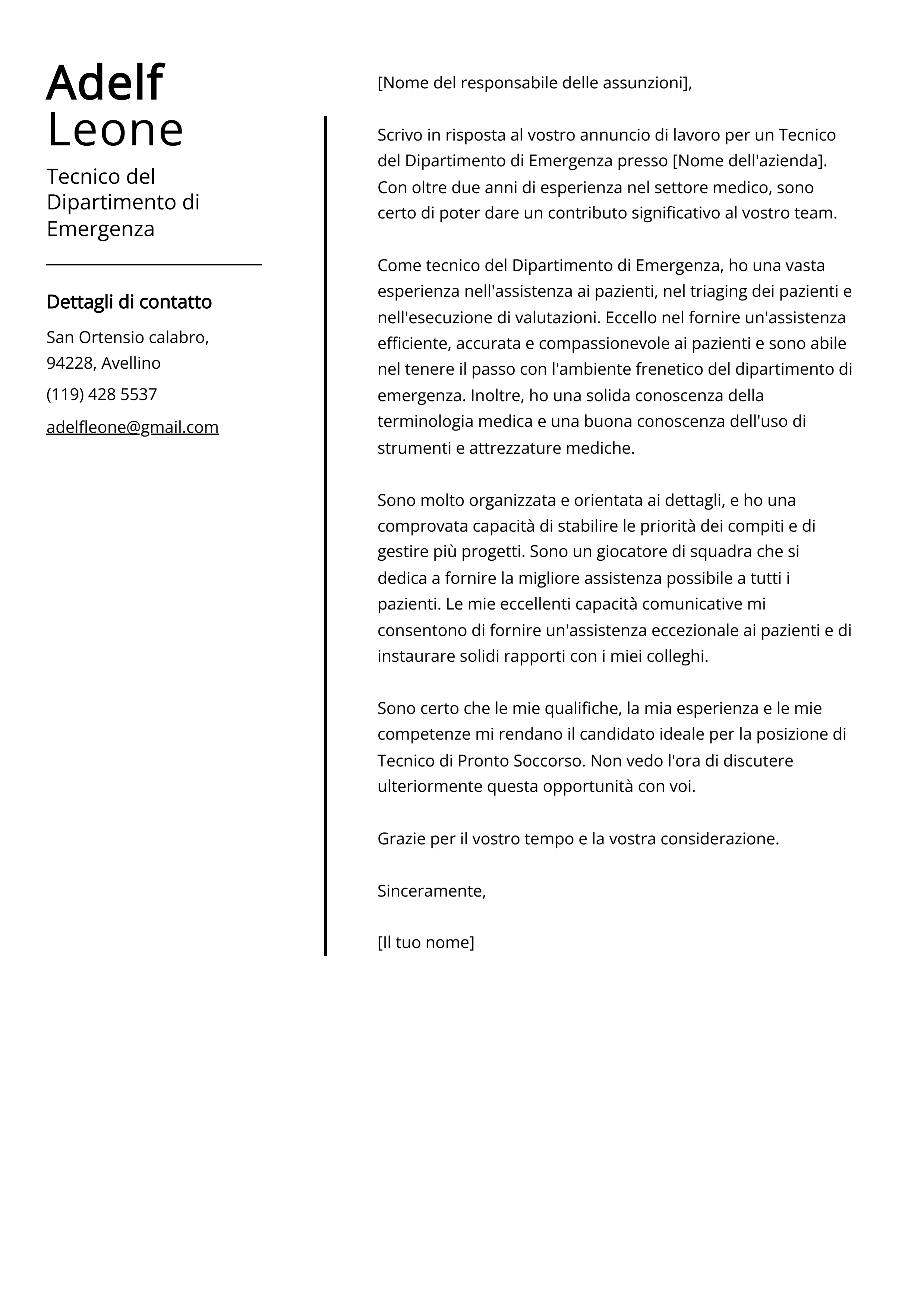 Esempio di lettera di presentazione per Tecnico del Dipartimento di Emergenza