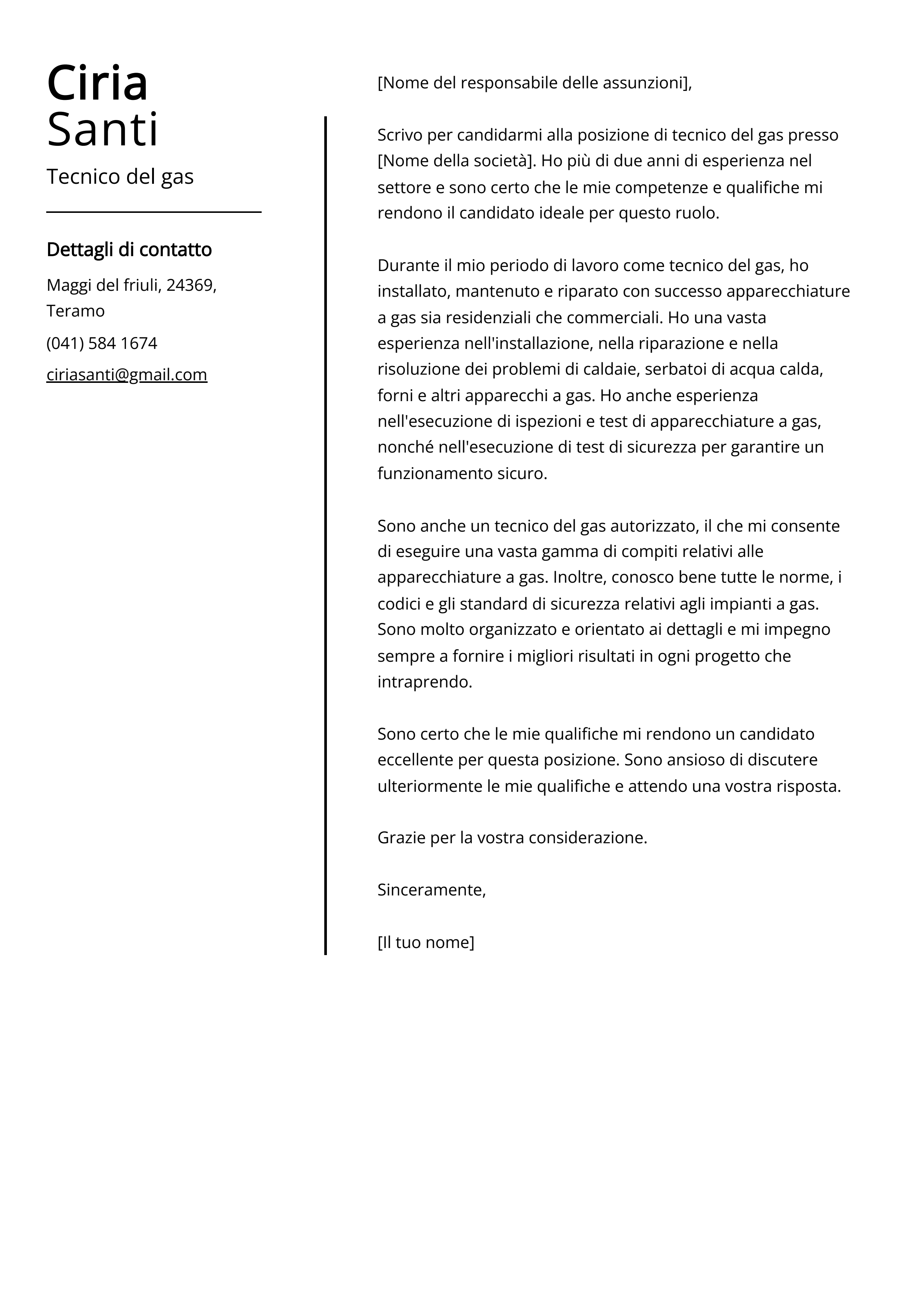 Esempio di lettera di presentazione per tecnico del gas