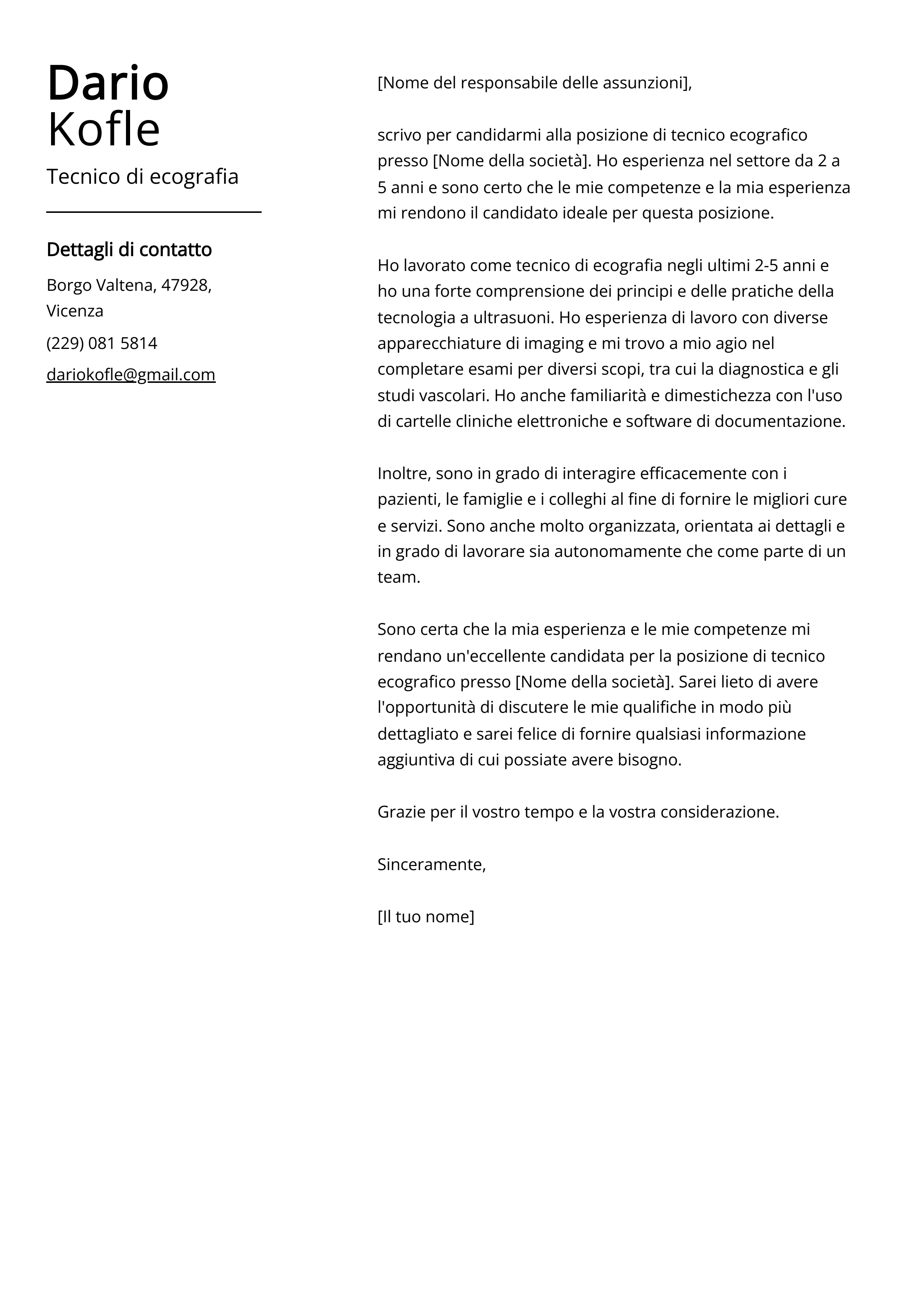 Esempio di lettera di presentazione per tecnico di ecografia