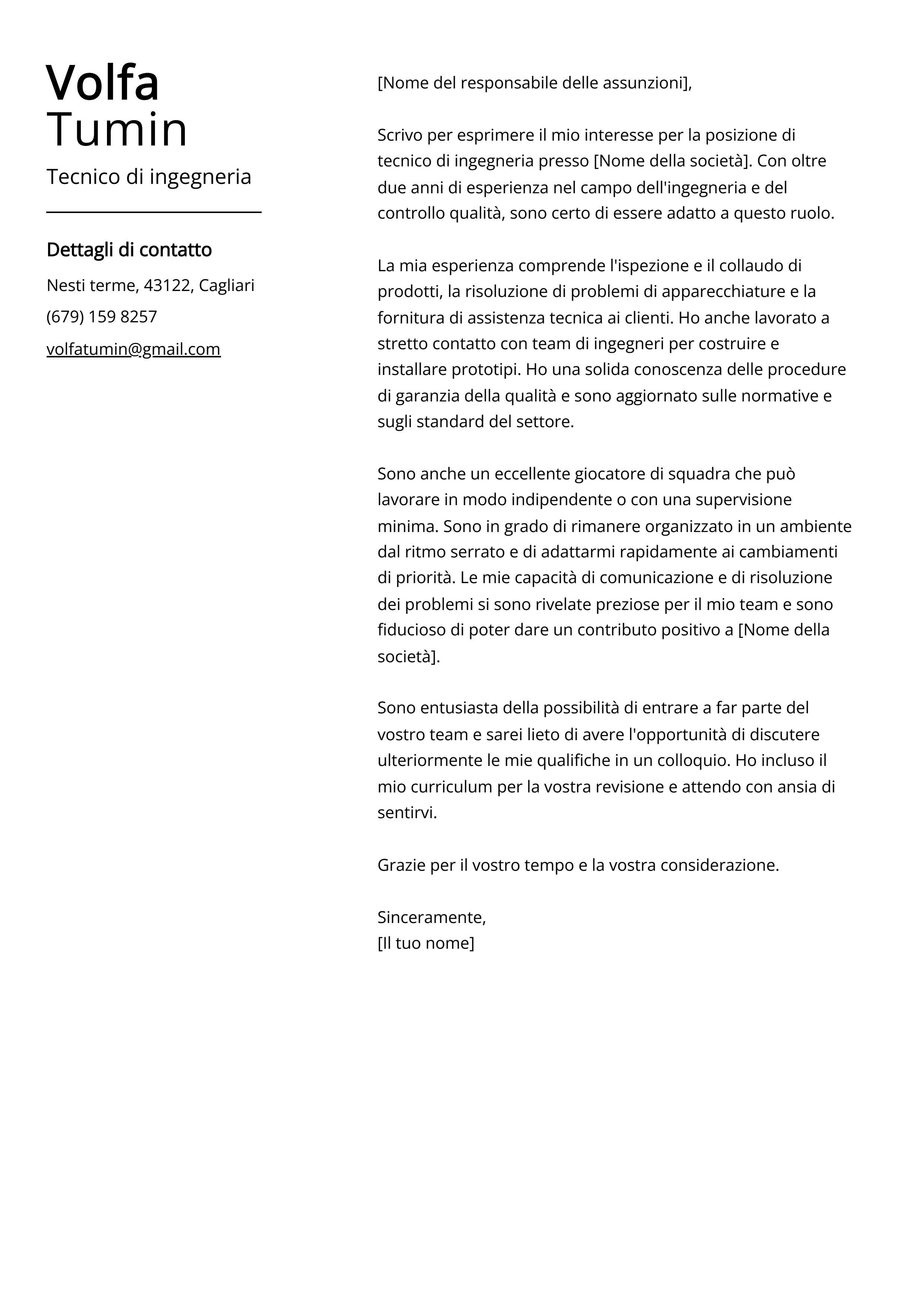 Esempio di lettera di presentazione per tecnico di ingegneria