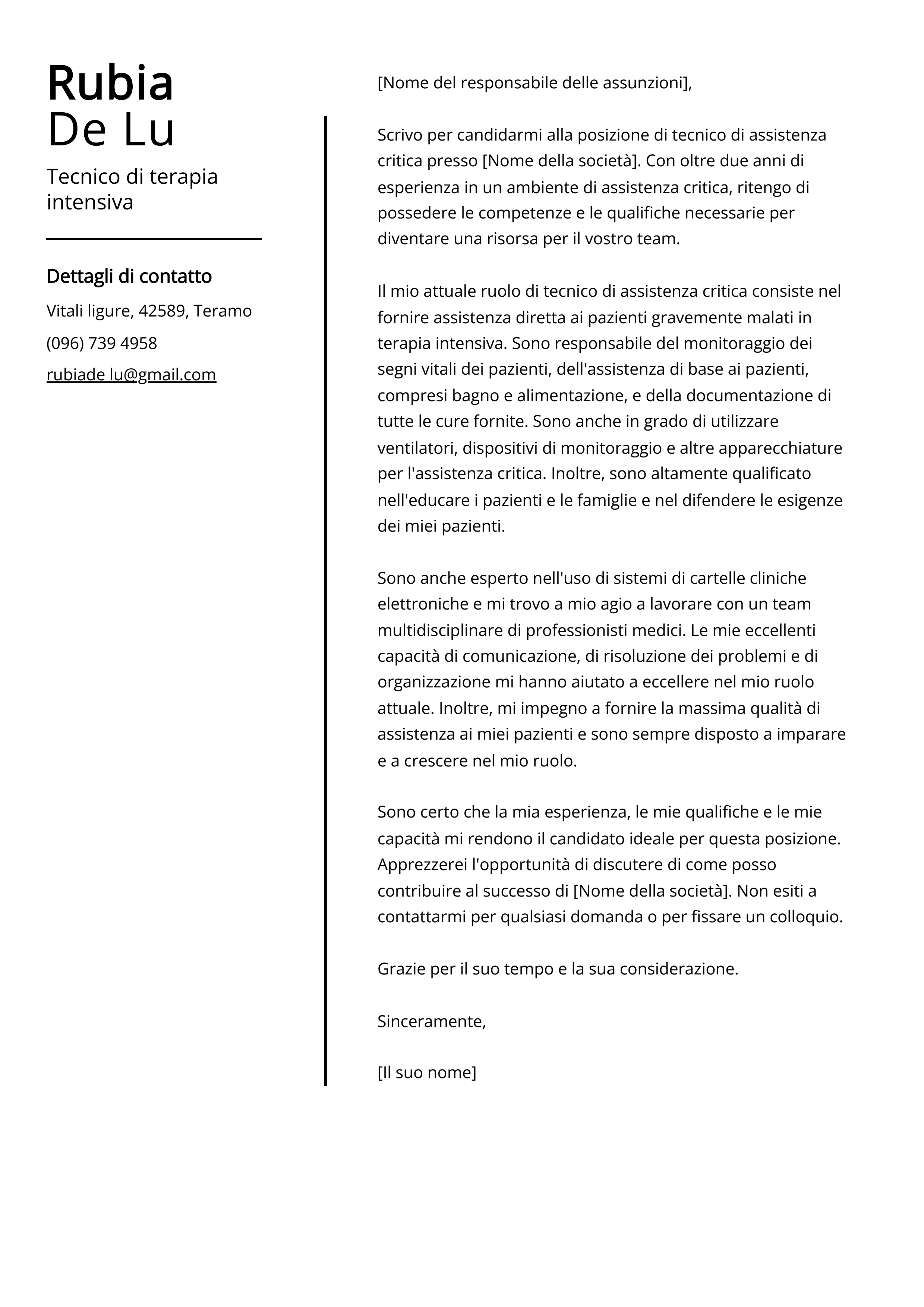 Esempio di lettera di presentazione per tecnico di terapia intensiva