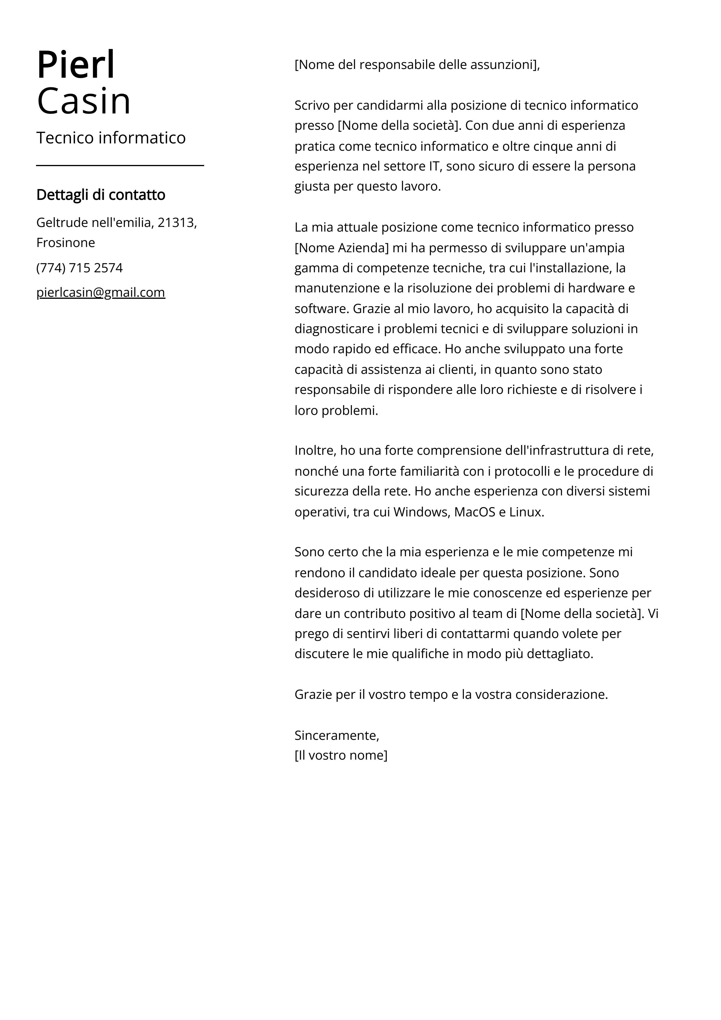 Esempio di lettera di presentazione per tecnico informatico