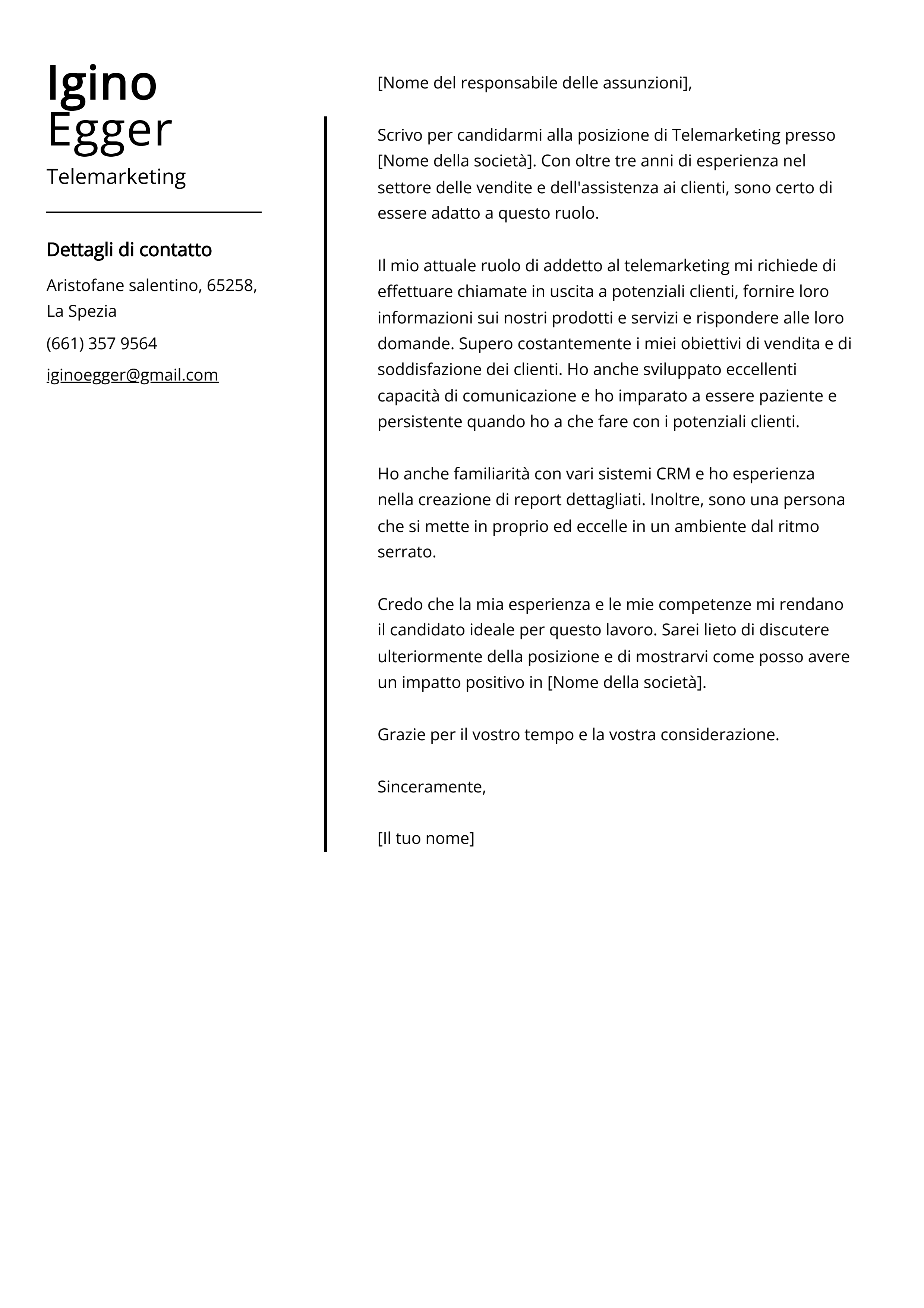 Esempio di lettera di presentazione per il telemarketing