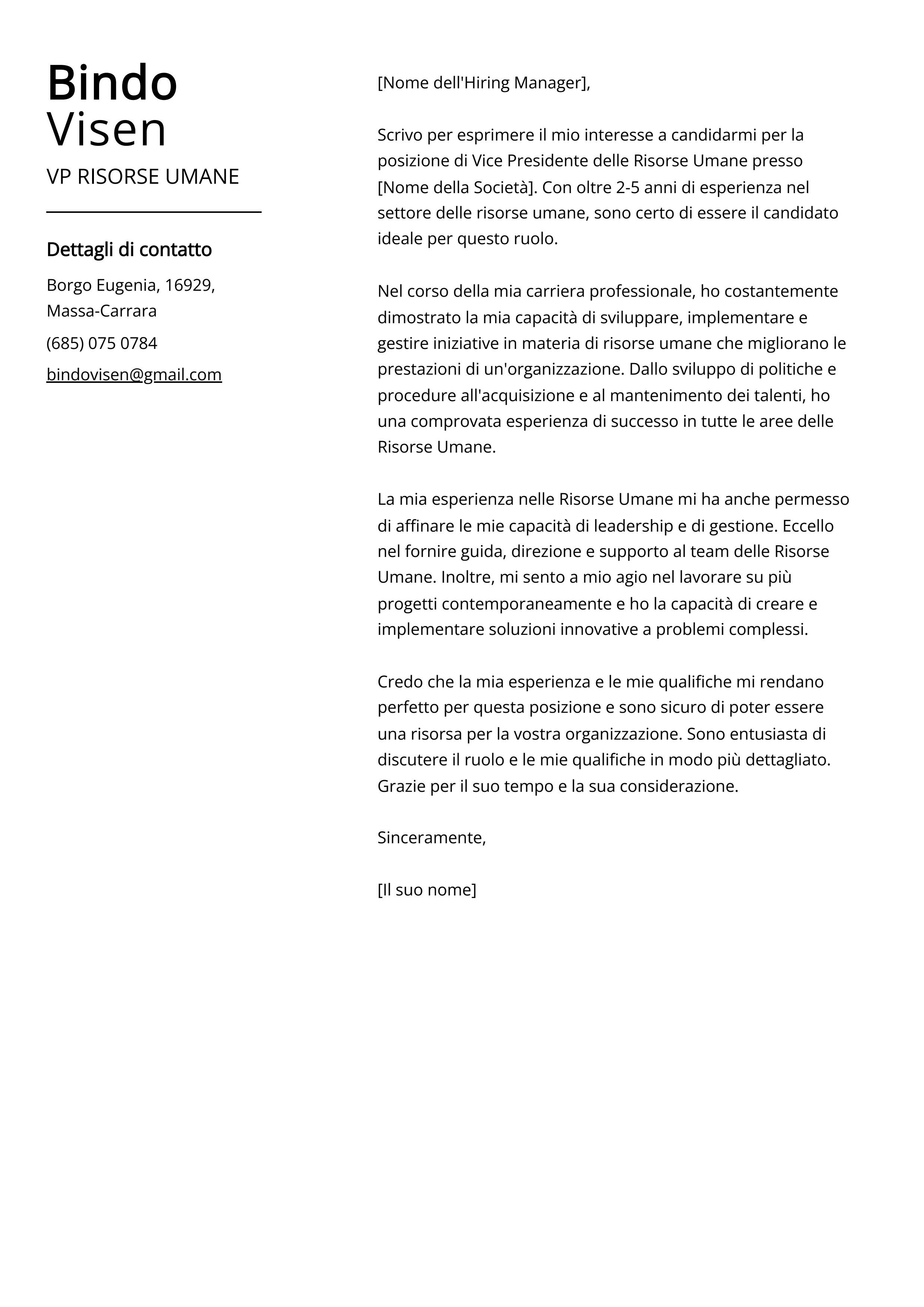 Esempio di lettera di presentazione per VP RISORSE UMANE