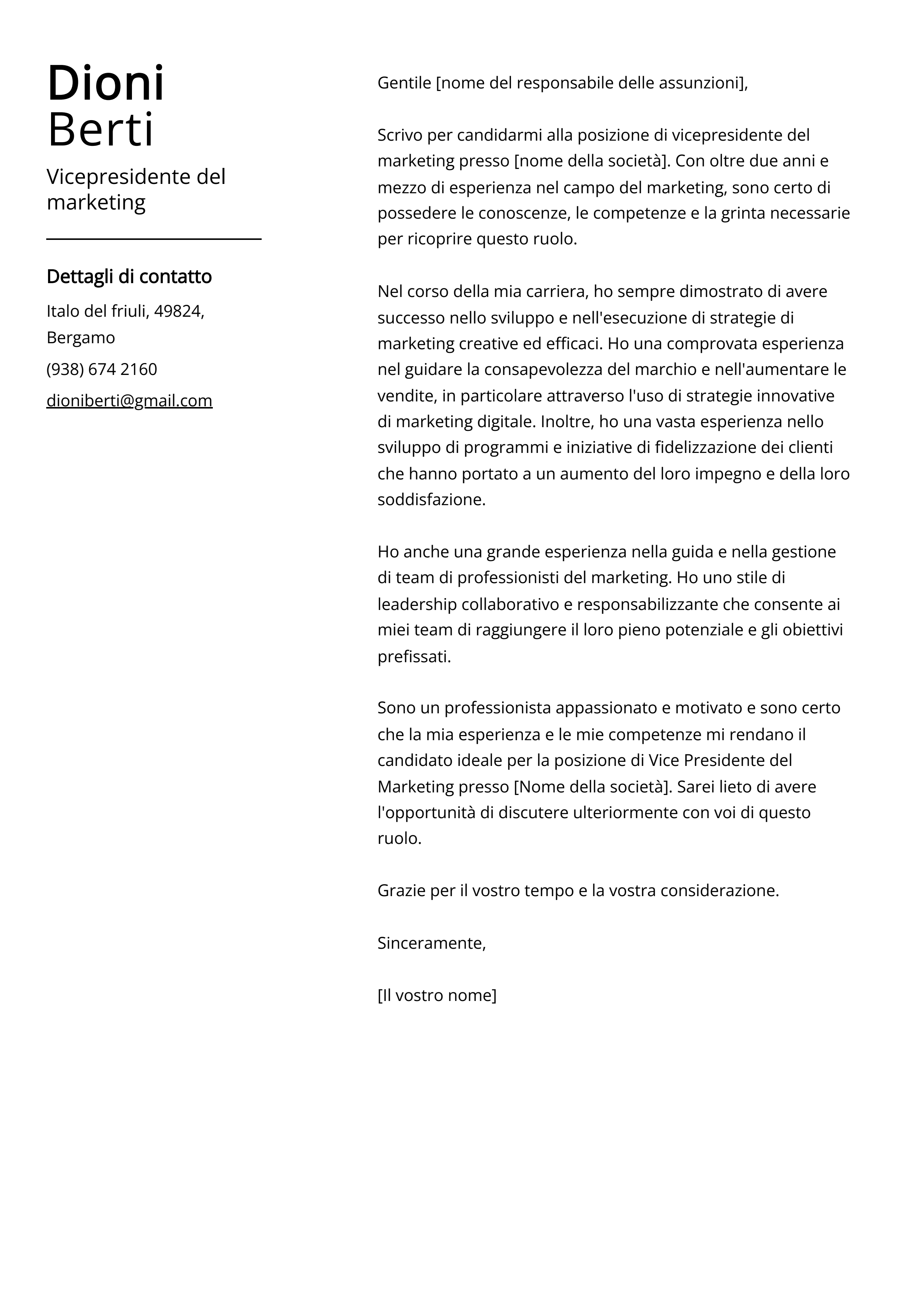 Esempio di lettera di presentazione del Vicepresidente del marketing