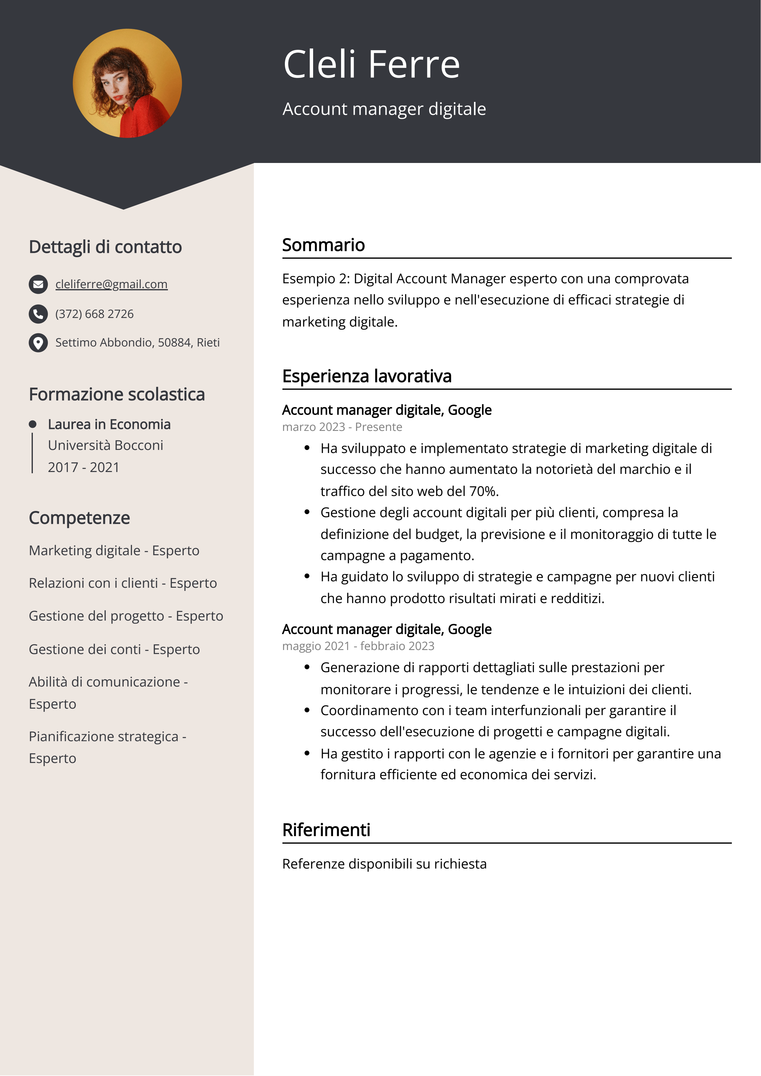 Account manager digitale Esempio di curriculum