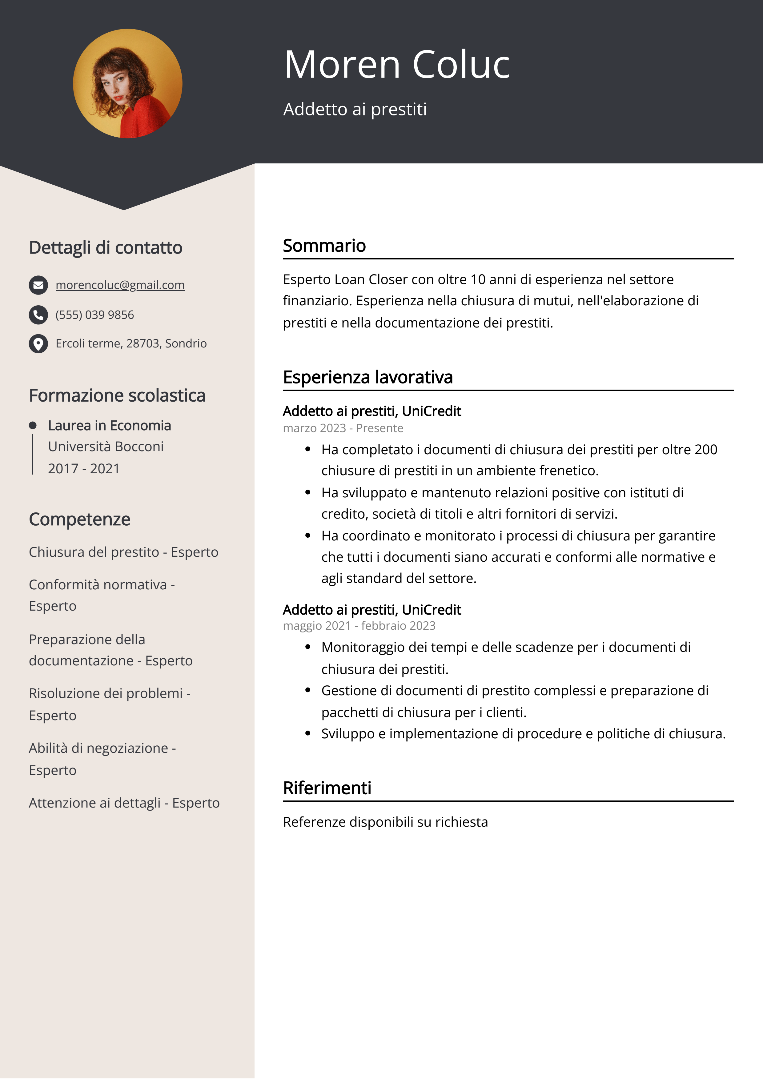 Addetto ai prestiti Esempio di curriculum