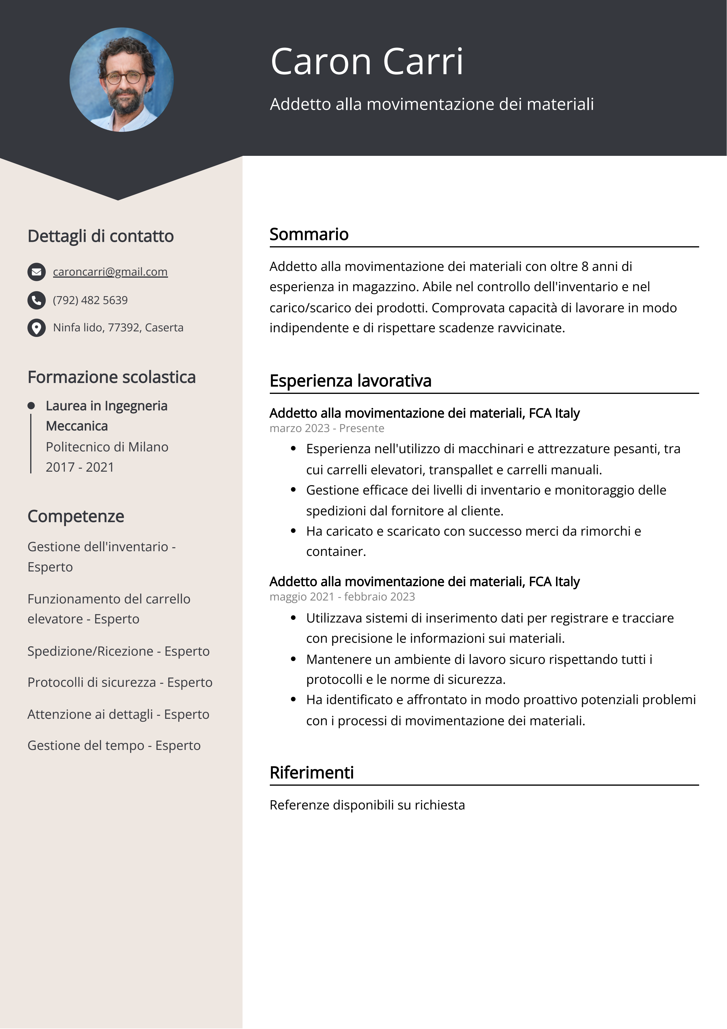 Addetto alla movimentazione dei materiali Esempio di curriculum vitae