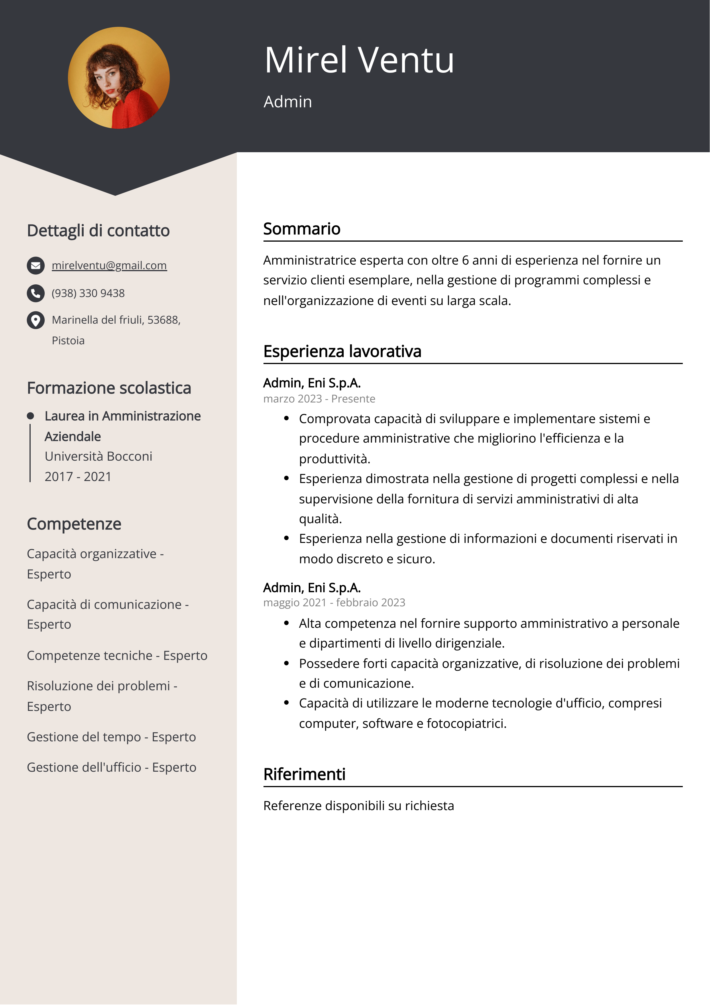 Esempio di curriculum Admin