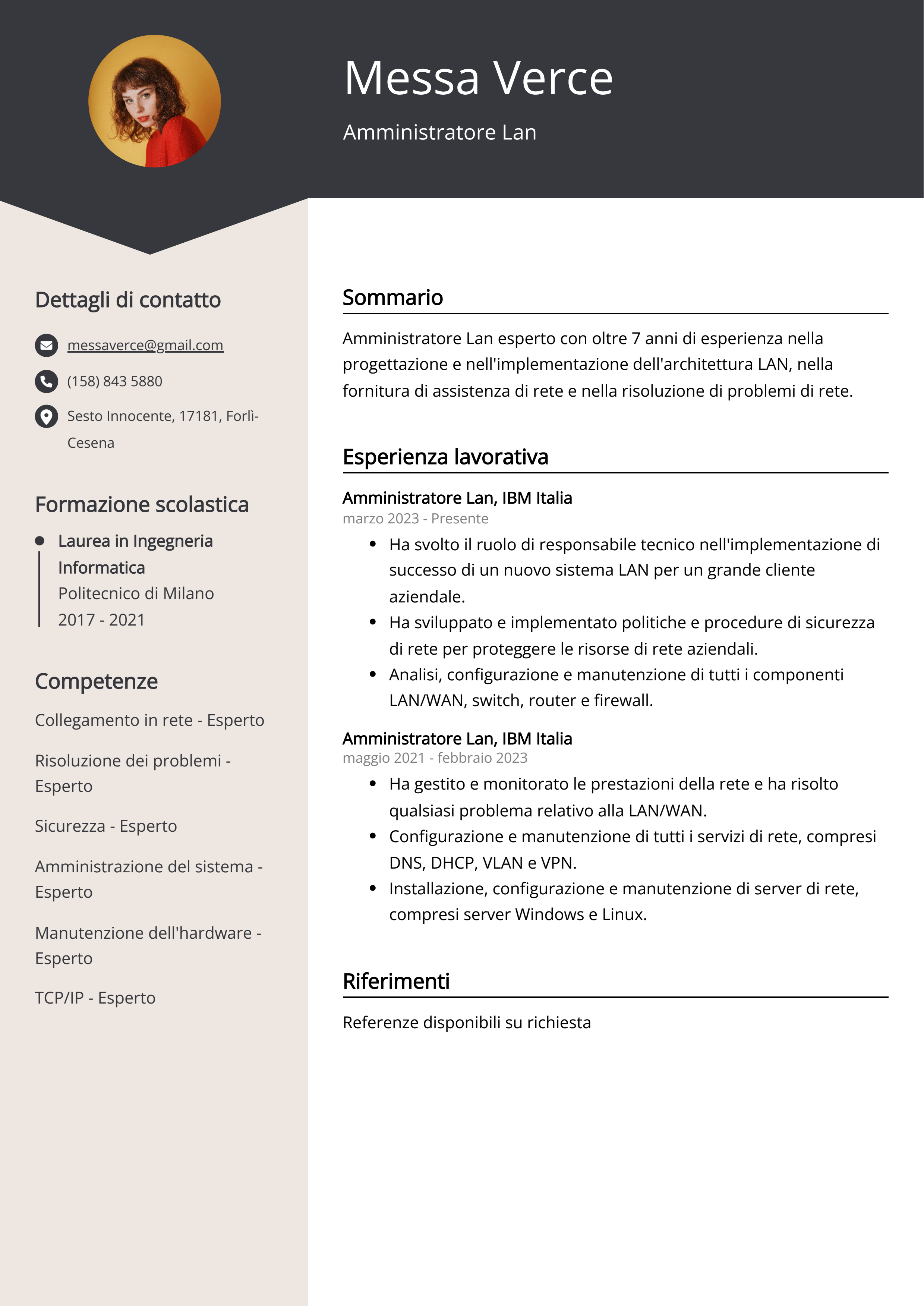 Esempio di curriculum per amministratore Lan