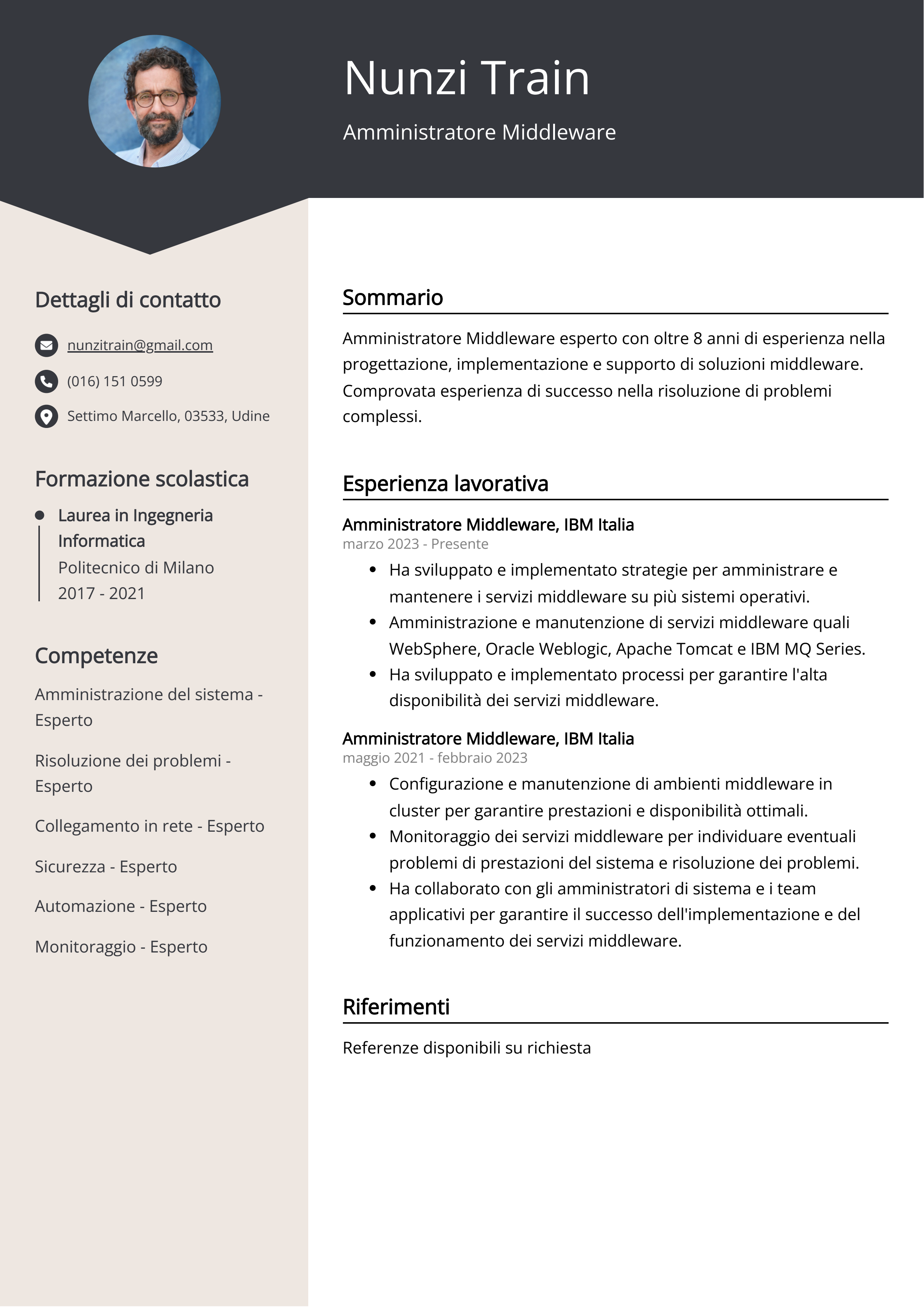 Esempio di curriculum per amministratore middleware