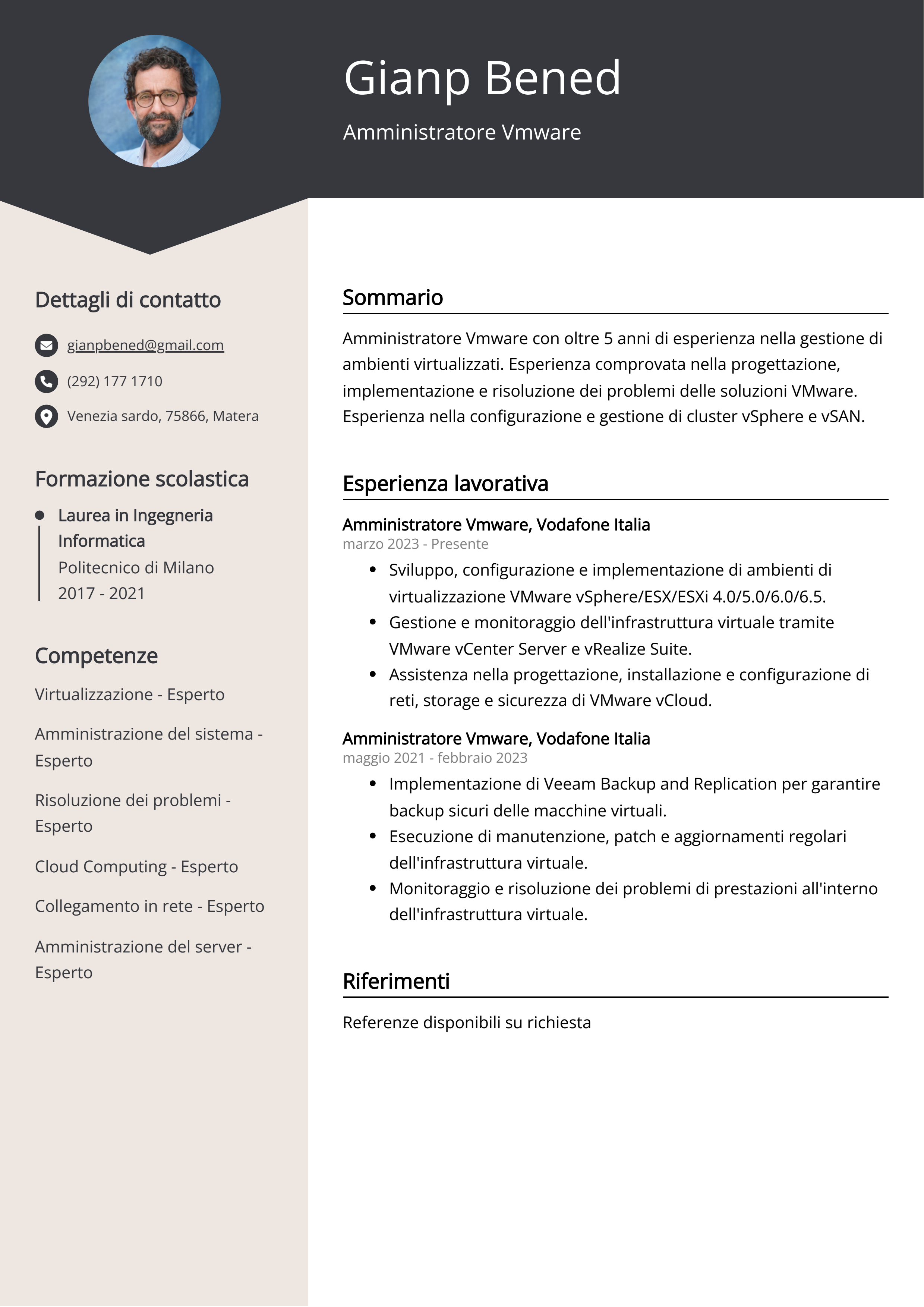 Esempio di curriculum per amministratore Vmware