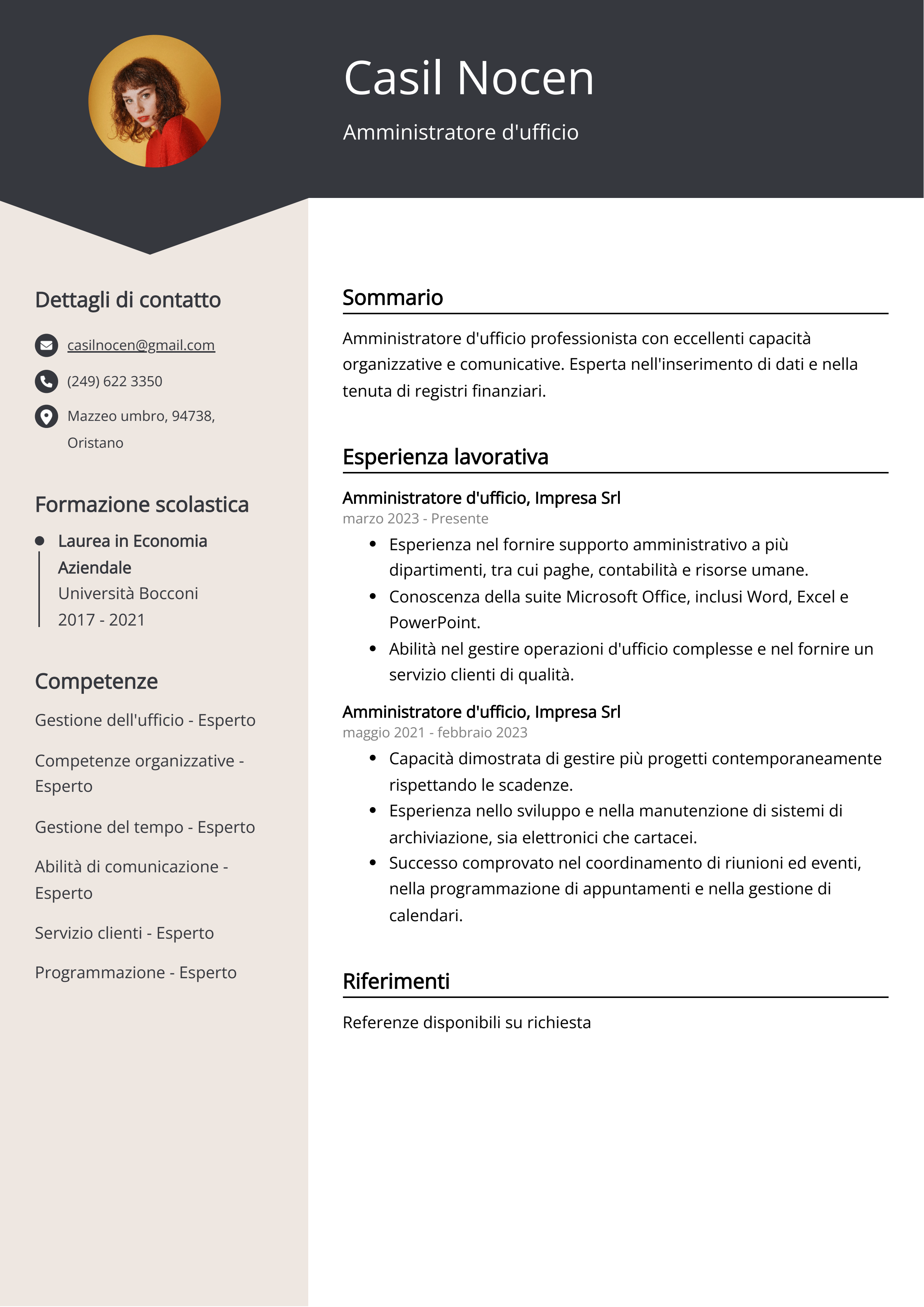 Esempio di curriculum per amministratore d'ufficio